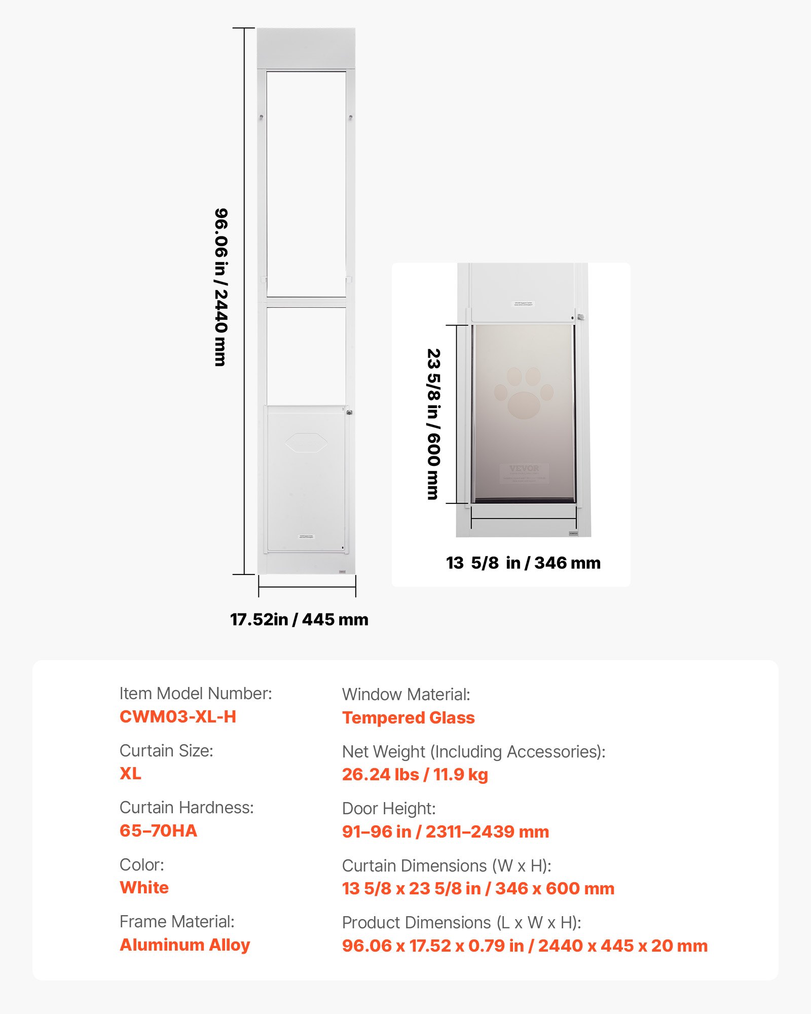 Drzwi dla zwierząt VEVOR Dog Door, do szklanych drzwi przesuwnych, regulowana wysokość 2311–2439 mm, rama ze stopu aluminium z obrotowymi metalowymi zawiasami i zamkiem, wymiary zasłony 346 x 600 mm, kolor biały