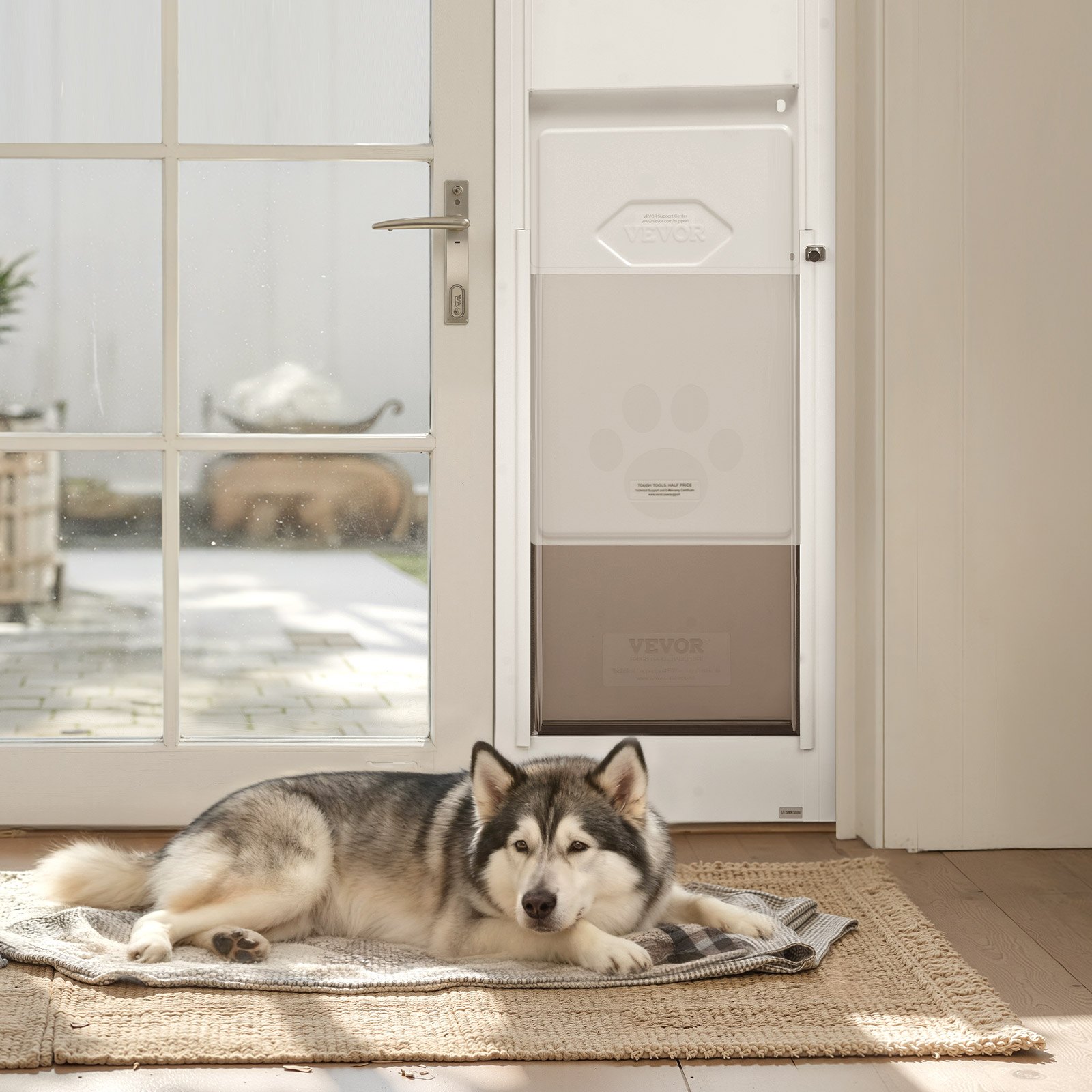Drzwi dla zwierząt VEVOR Dog Door, do szklanych drzwi przesuwnych, regulowana wysokość 2311–2439 mm, rama ze stopu aluminium z obrotowymi metalowymi zawiasami i zamkiem, wymiary zasłony 346 x 600 mm, kolor biały