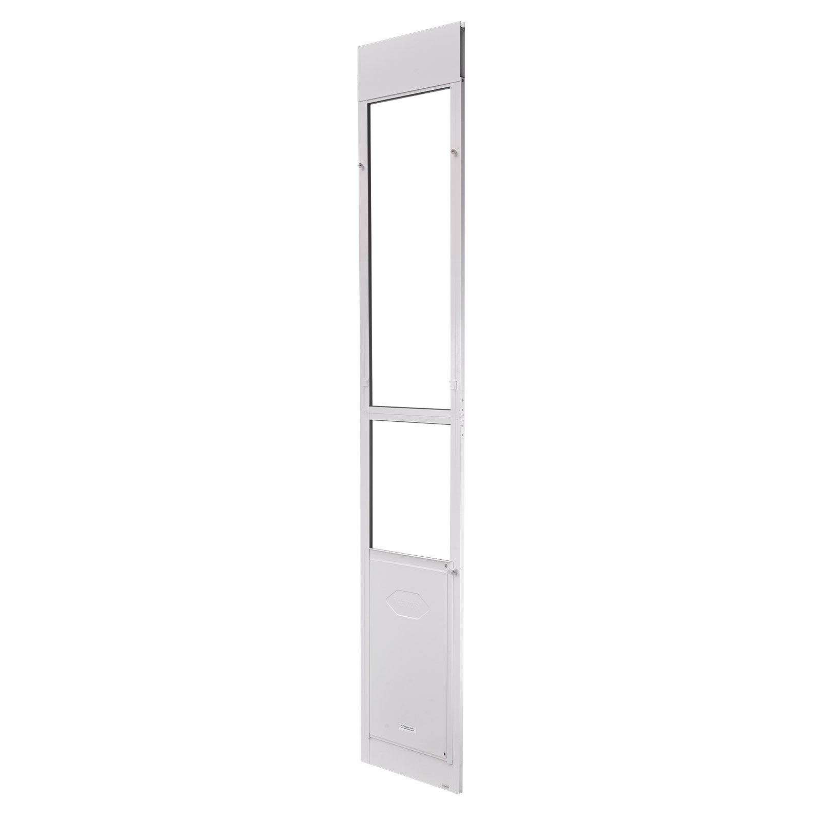 Drzwi dla zwierząt VEVOR Dog Door, do szklanych drzwi przesuwnych, regulowana wysokość 2311–2439 mm, rama ze stopu aluminium z obrotowymi metalowymi zawiasami i zamkiem, wymiary zasłony 346 x 600 mm, kolor biały