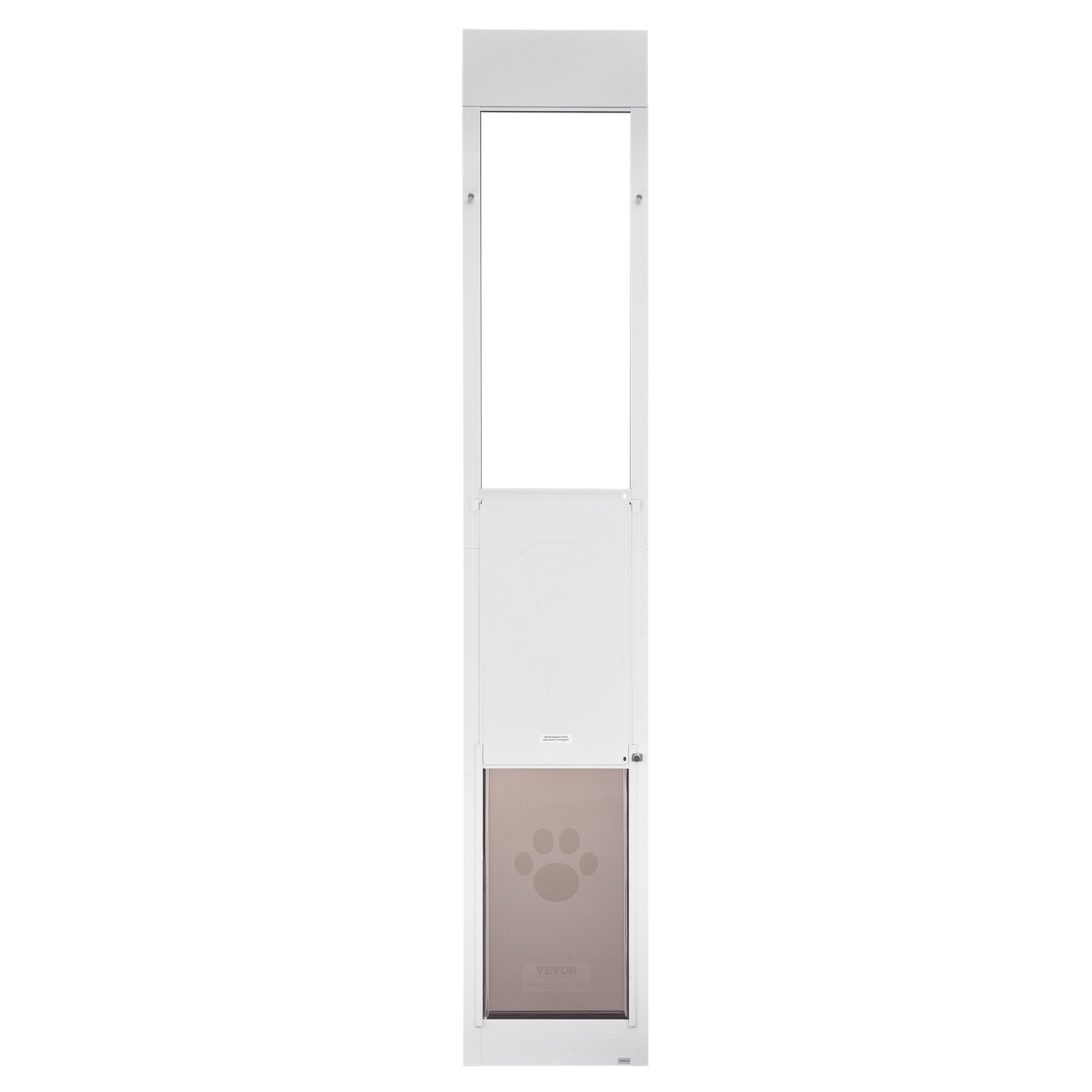 Drzwi dla zwierząt VEVOR Dog Door, do szklanych drzwi przesuwnych, regulowana wysokość 2311–2439 mm, rama ze stopu aluminium z obrotowymi metalowymi zawiasami i zamkiem, wymiary zasłony 346 x 600 mm, kolor biały
