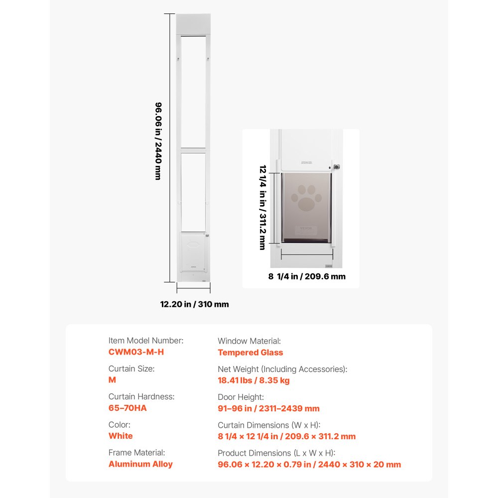 Drzwi dla zwierząt VEVOR Dog Door, do szklanych drzwi przesuwnych, regulowana wysokość 2311–2439 mm, rama ze stopu aluminium z obrotowymi metalowymi zawiasami i zamkiem, wymiary zasłony 209,6 x 311,2 mm, kolor biały