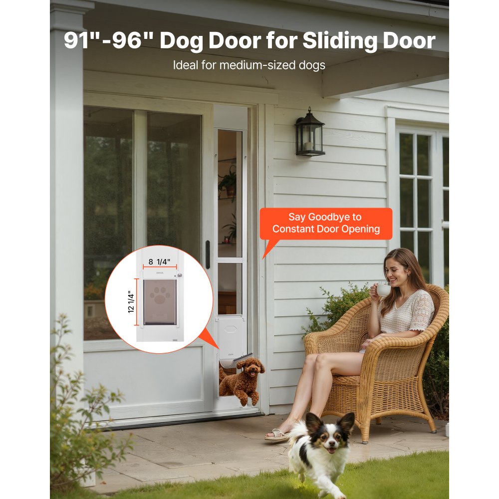 Drzwi dla zwierząt VEVOR Dog Door, do szklanych drzwi przesuwnych, regulowana wysokość 2311–2439 mm, rama ze stopu aluminium z obrotowymi metalowymi zawiasami i zamkiem, wymiary zasłony 209,6 x 311,2 mm, kolor biały