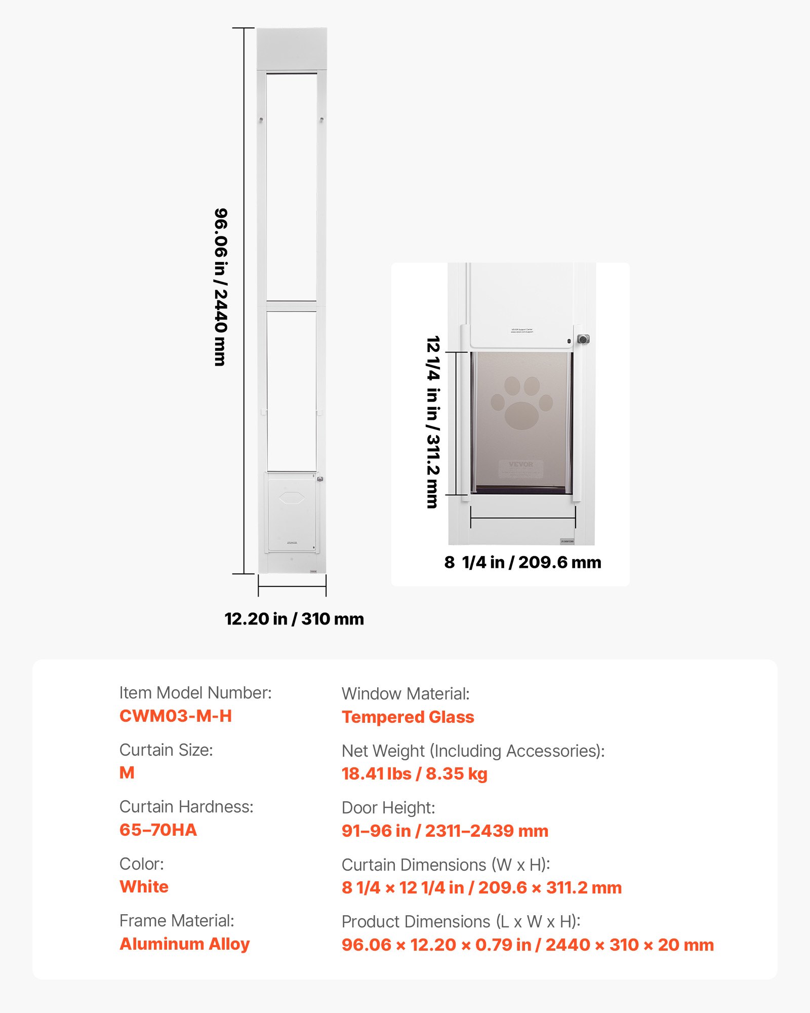 Drzwi dla zwierząt VEVOR Dog Door, do szklanych drzwi przesuwnych, regulowana wysokość 2311–2439 mm, rama ze stopu aluminium z obrotowymi metalowymi zawiasami i zamkiem, wymiary zasłony 209,6 x 311,2 mm, kolor biały