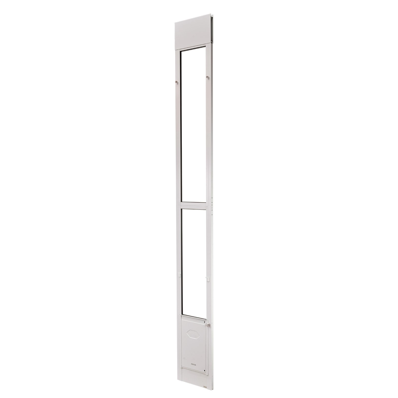 Drzwi dla zwierząt VEVOR Dog Door, do szklanych drzwi przesuwnych, regulowana wysokość 2311–2439 mm, rama ze stopu aluminium z obrotowymi metalowymi zawiasami i zamkiem, wymiary zasłony 209,6 x 311,2 mm, kolor biały