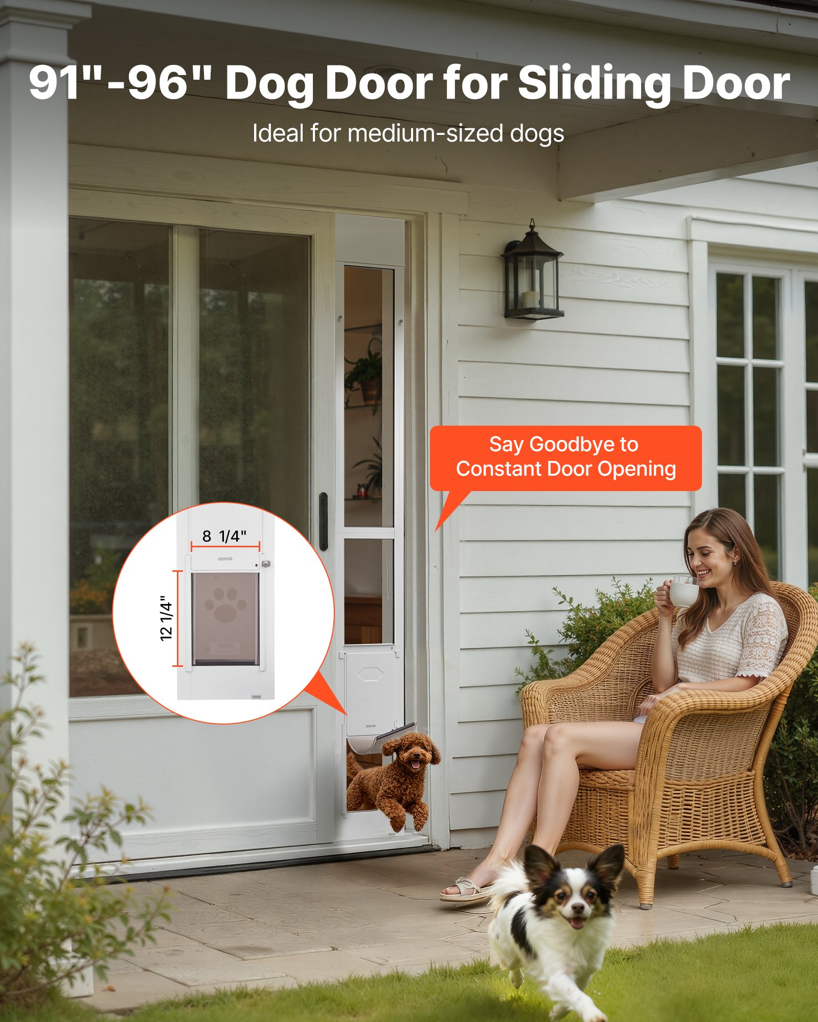 Drzwi dla zwierząt VEVOR Dog Door, do szklanych drzwi przesuwnych, regulowana wysokość 2311–2439 mm, rama ze stopu aluminium z obrotowymi metalowymi zawiasami i zamkiem, wymiary zasłony 209,6 x 311,2 mm, kolor biały