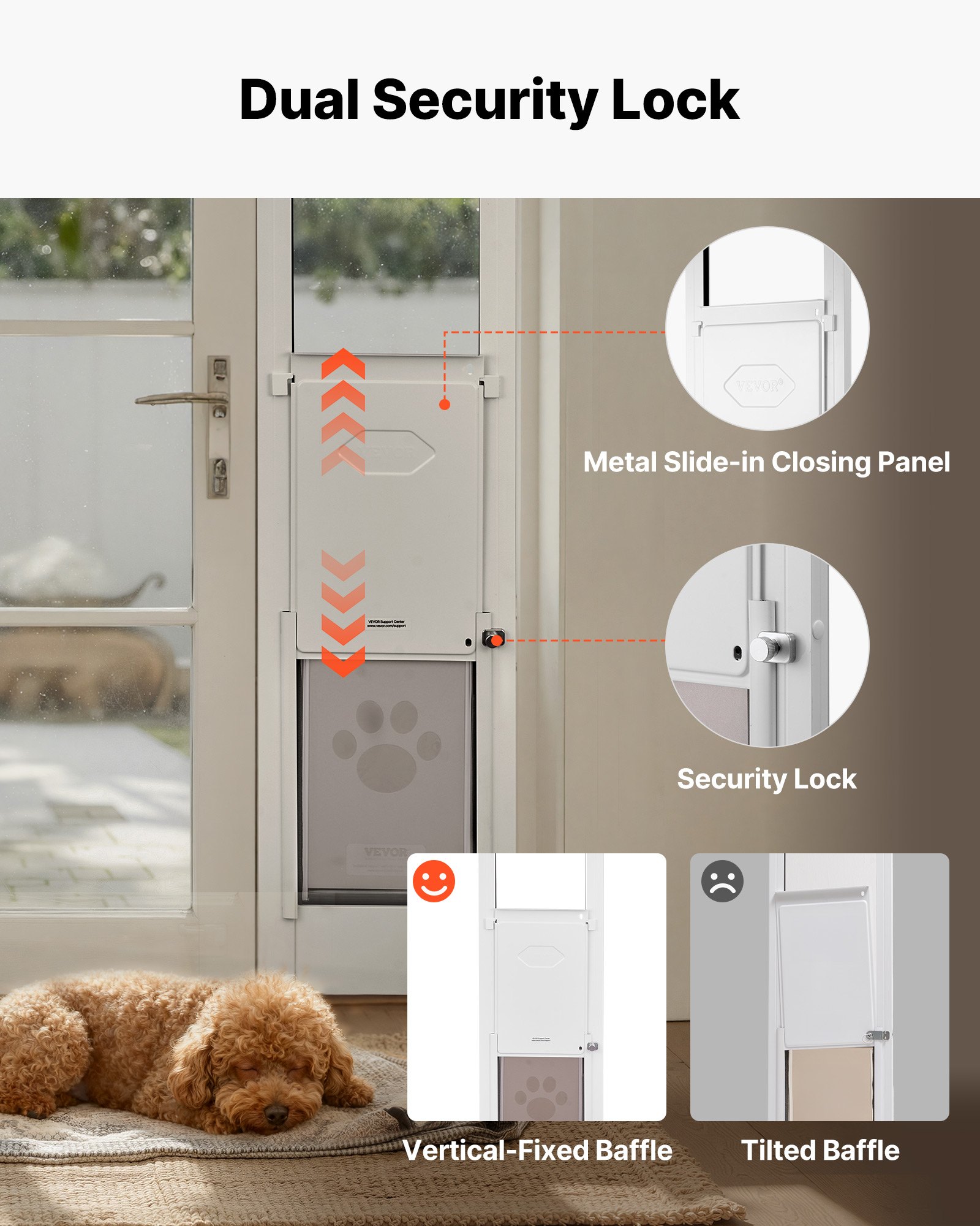 Drzwi dla zwierząt VEVOR Dog Door, do szklanych drzwi przesuwnych, regulowana wysokość 2311–2439 mm, rama ze stopu aluminium z obrotowymi metalowymi zawiasami i zamkiem, wymiary zasłony 209,6 x 311,2 mm, kolor biały