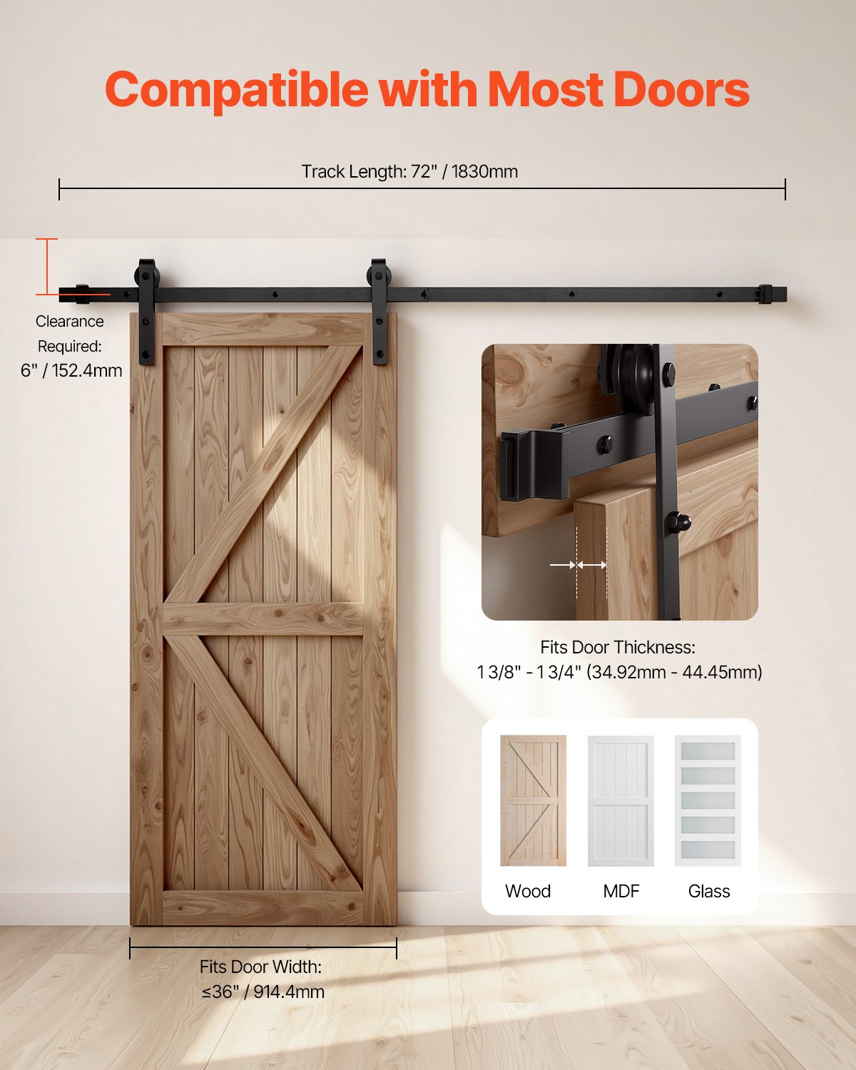 VEVOR sliding door system, 183 cm track, sliding door hardware, load capacity 150 kg, compatible with 914 mm max. width and 34.92 to 44.45 mm thickness, track & J-shaped roller, black
