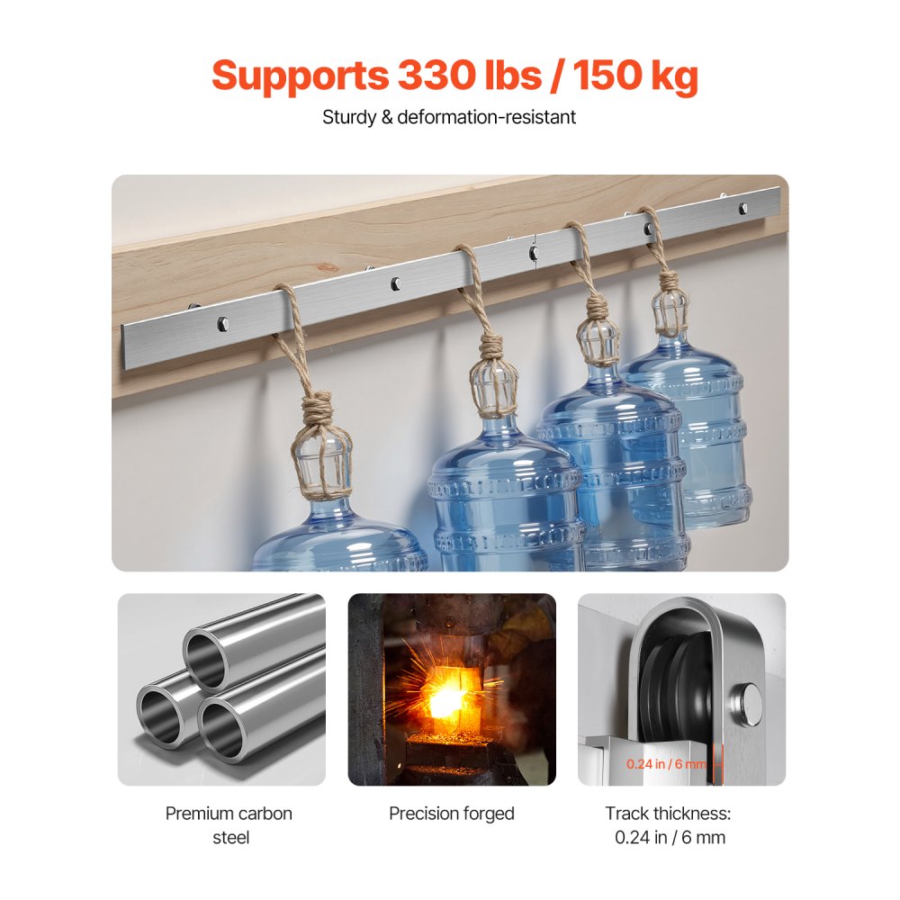 System drzwi przesuwnych VEVOR, szyna 1,5 m, nośność 150 kg, kompatybilny z drzwiami o maks. szerokości 762 mm i grubości 34,92–44,45 mm, pojedyncze drzwi przesuwne do stodoły, szyna i rolka w kształcie litery J, srebrny