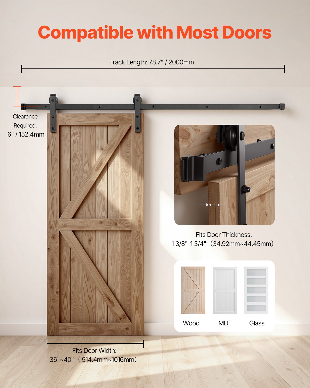 VEVOR sliding door system, 2 m track, 150 kg load capacity, compatible with 91.4–101.6 cm width & 3.5–4.5 cm thickness, single barn-style sliding door, track & J-shaped roller, black