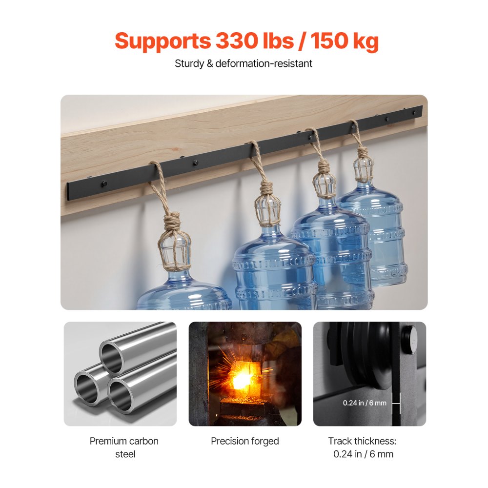 System drzwi przesuwnych VEVOR 3 m, okucie do pojedynczych drzwi przesuwnych, 150 kg, kompatybilny z maksymalną szerokością 1524 mm i grubością od 1-3/8 do 1-3/4 cala, szyna i rolka w kształcie litery J, kolor czarny