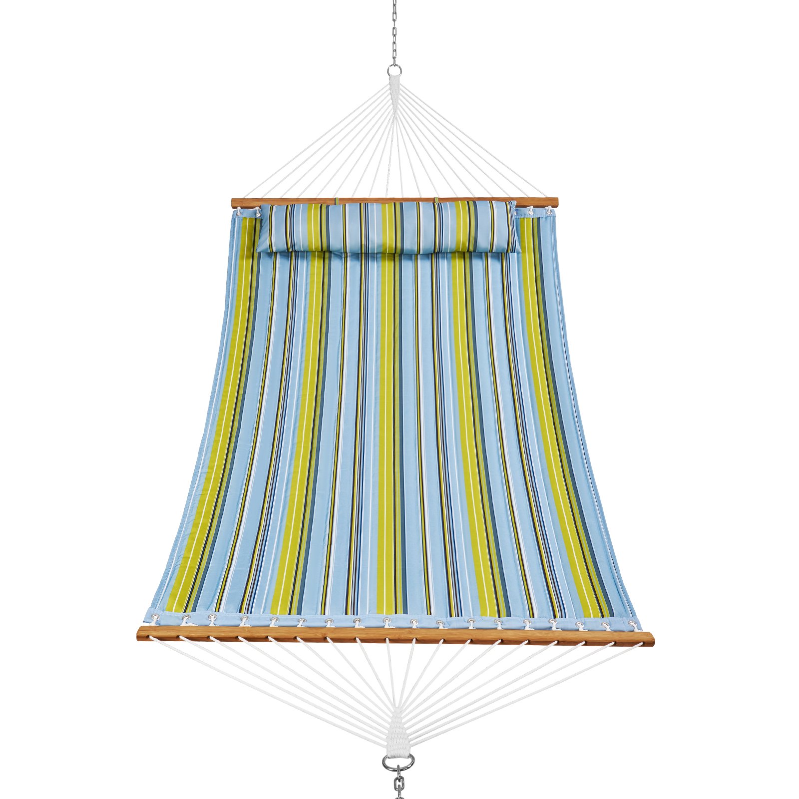 Hamak VEVOR Podwójny hamak o długości 12 stóp z drążkami z twardego drewna Pikowany hamak dla 2 osób ze zdejmowaną poduszką i łańcuchami do użytku na zewnątrz Udźwig 218 kg Zielony pasek