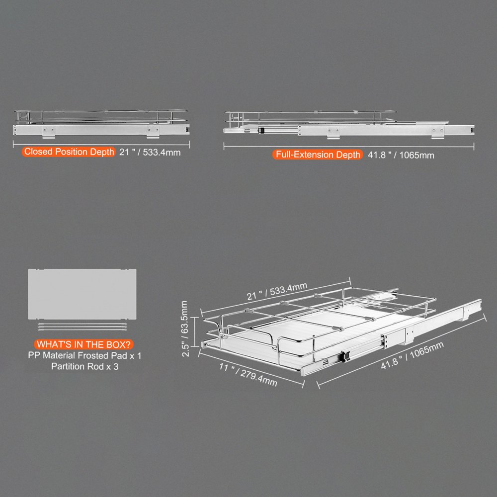 VEVOR Wysuwany stojak na przyprawy (310 x 533 x 85 mm) Szafka kuchenna z półką, wysuwana szuflada, organizer na przyprawy pod szafką, 355 x 558 x 177 mm (rozmiar montażowy)