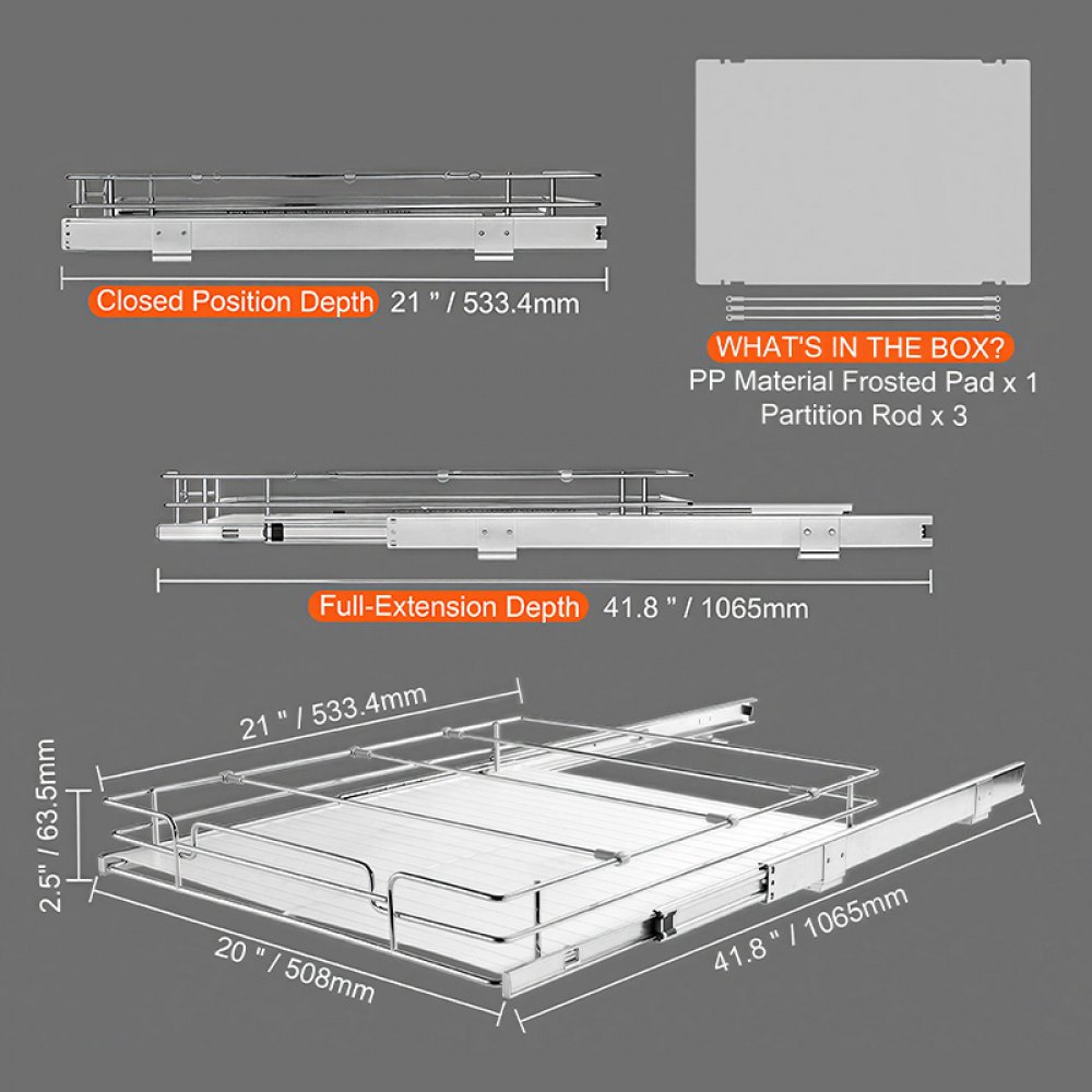 VEVOR Wysuwany stojak na przyprawy (460 x 533 x 85 mm) Szafka kuchenna z półką, wysuwana szuflada, organizer na przyprawy pod szafką, 508 x 558 x 177 mm (rozmiar montażowy)