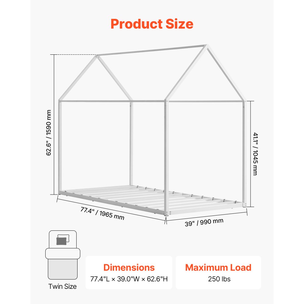 VEVOR Rama łóżka House Bed Frame, rozmiar podwójny, metalowa rama łóżka podłogowego z dachem, biała