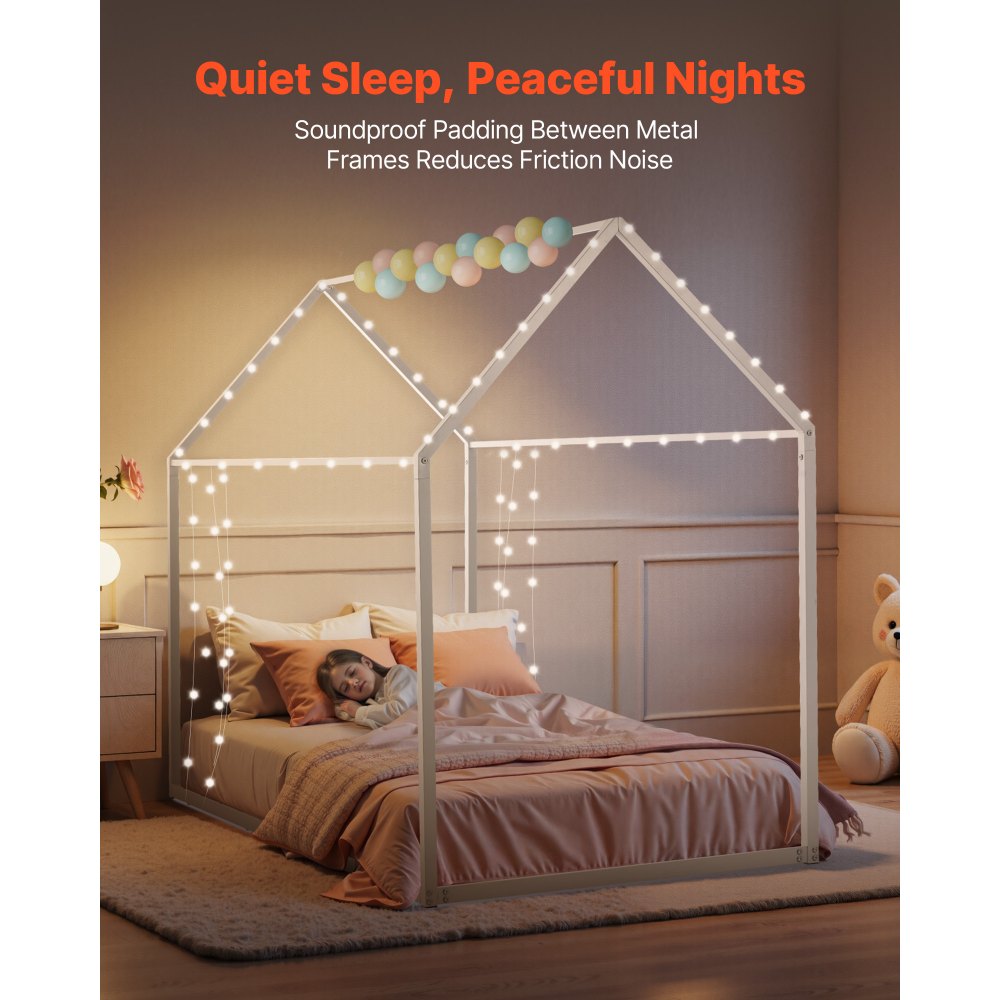 VEVOR Rama łóżka House Bed Frame, rozmiar podwójny, metalowa rama łóżka podłogowego z dachem, biała