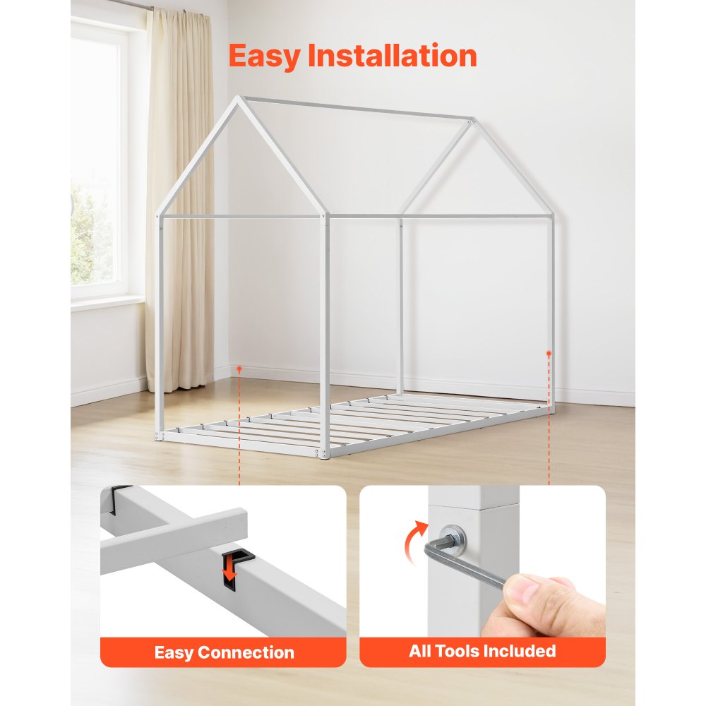 VEVOR Rama łóżka House Bed Frame, rozmiar podwójny, metalowa rama łóżka podłogowego z dachem, biała