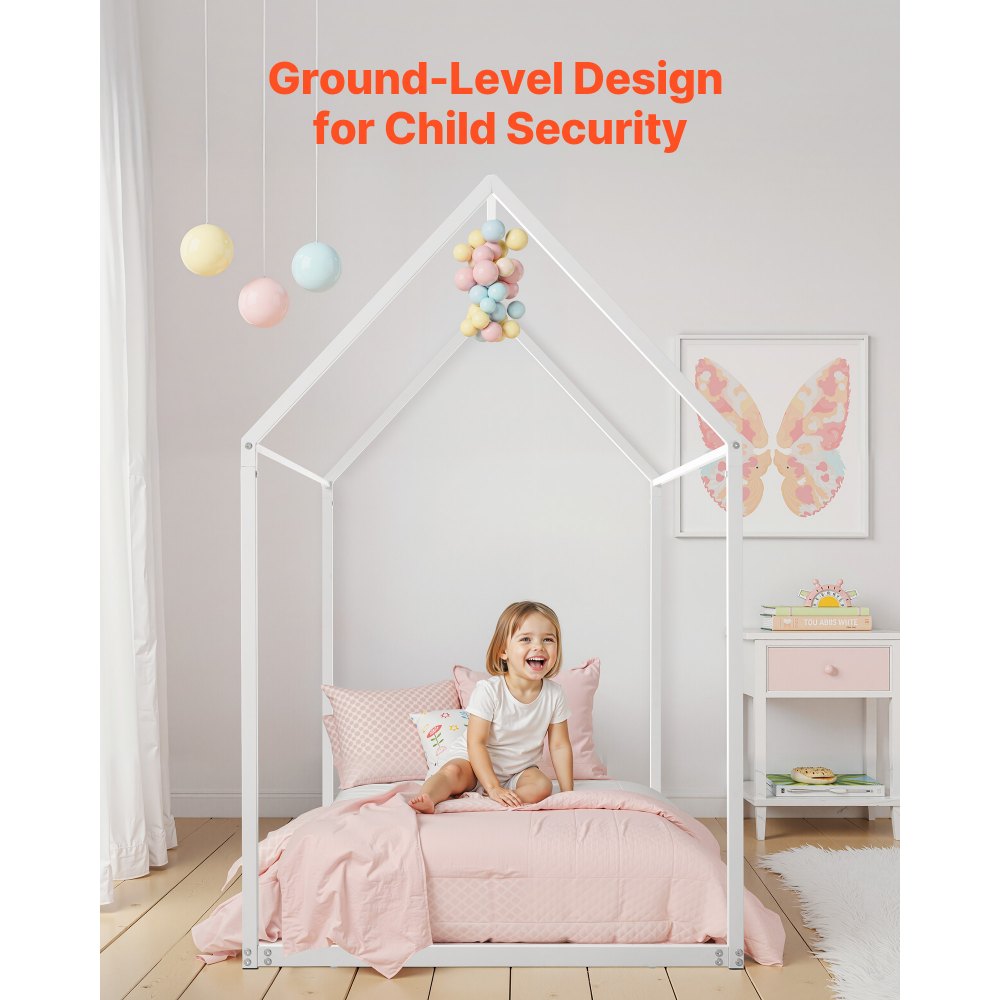 VEVOR Rama łóżka House Bed Frame, rozmiar podwójny, metalowa rama łóżka podłogowego z dachem, biała