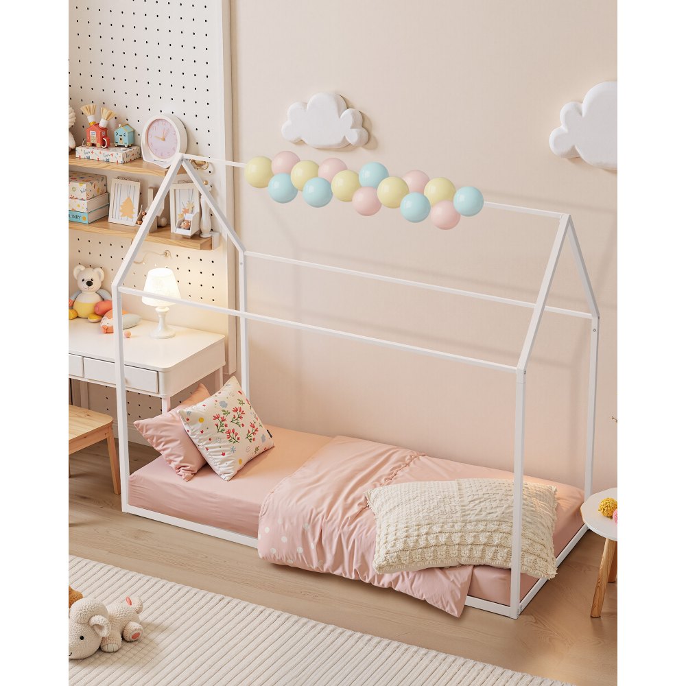 VEVOR Rama łóżka House Bed Frame, rozmiar podwójny, metalowa rama łóżka podłogowego z dachem, biała