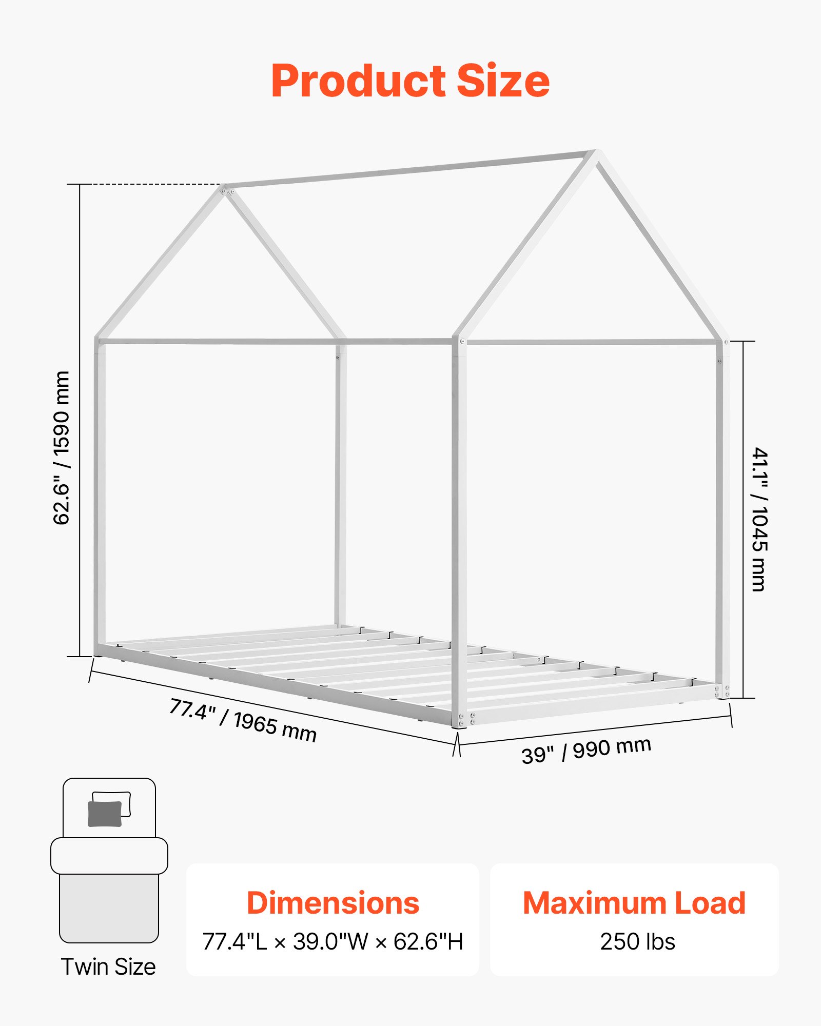 VEVOR Rama łóżka House Bed Frame, rozmiar podwójny, metalowa rama łóżka podłogowego z dachem, biała