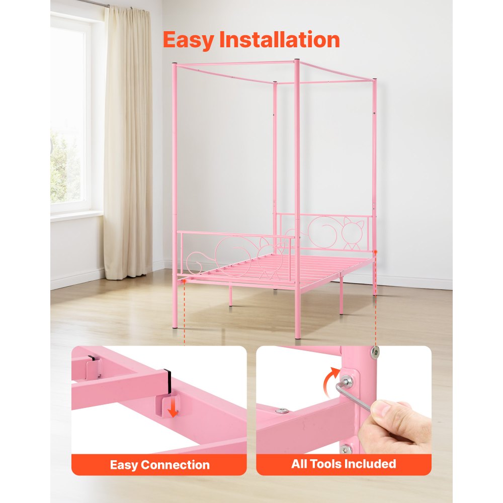 VEVOR Twin Size Canopy Bed Frame, Metal Canopy Bed with Minimalist Headboard & Four Posters Design, Heavy Duty Steel Slats Support, Underbed Storage Space, No Box Spring Needed, Easy Assembly, Pink