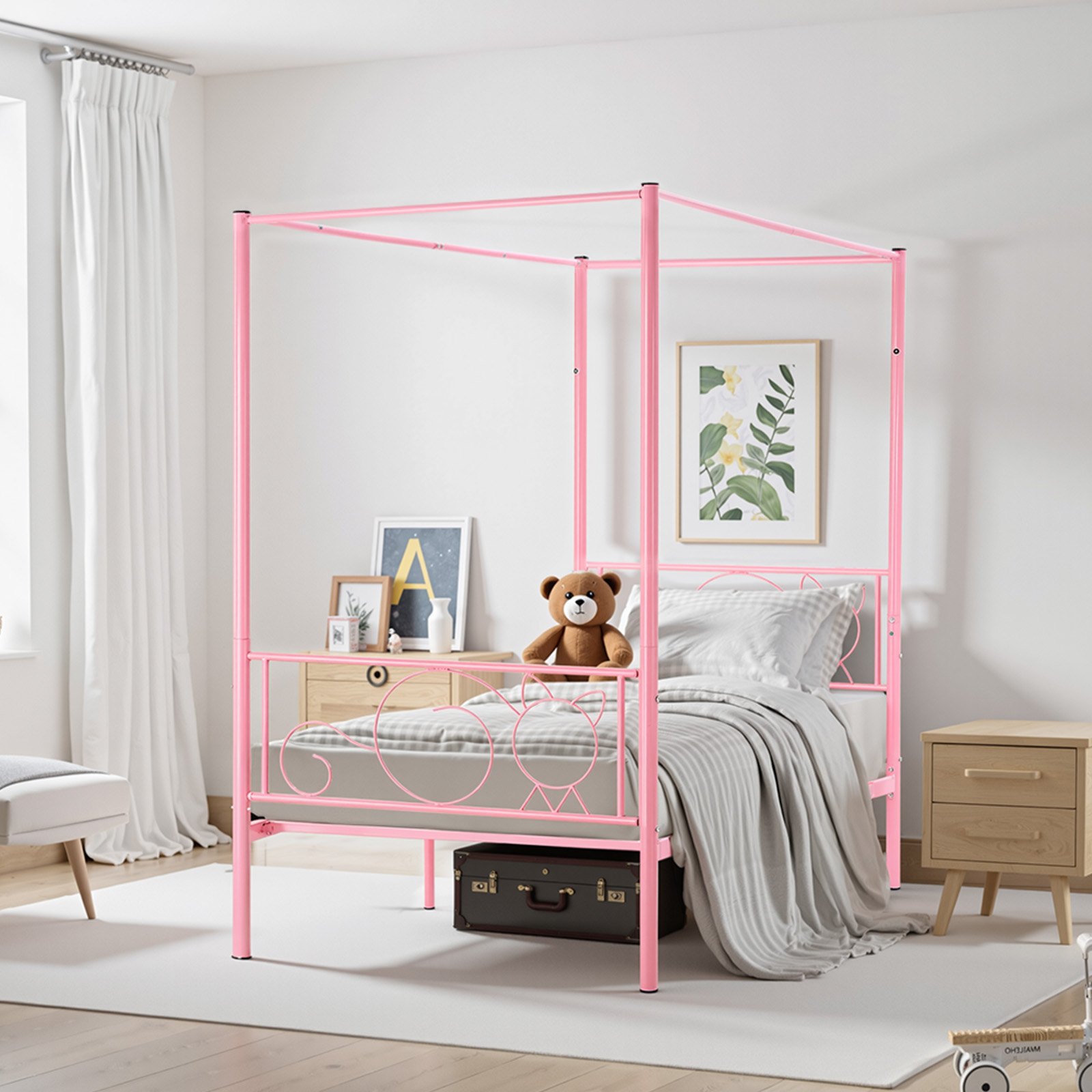 VEVOR Twin Size Canopy Bed Frame, Metal Canopy Bed with Minimalist Headboard & Four Posters Design, Heavy Duty Steel Slats Support, Underbed Storage Space, No Box Spring Needed, Easy Assembly, Pink