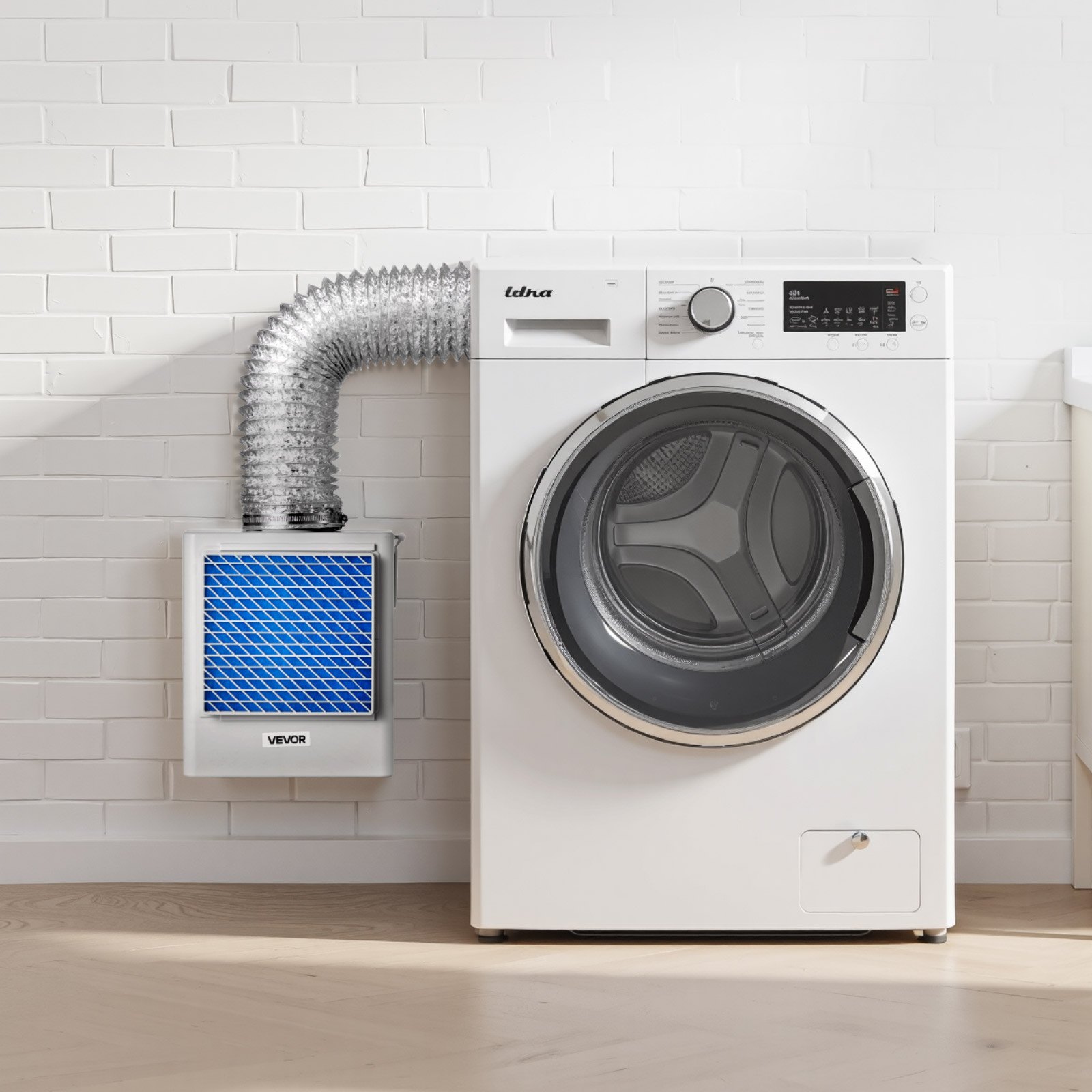 Zestaw wentylacyjny do suszarki VEVOR 3 w 1 do użytku wewnątrz pomieszczeń, materiał ABS, pasuje do przyłącza wydechowego o średnicy 99 mm, okap z funkcją przypominania o przegrzaniu, zdejmowana nasadka siatkowa i 4 wymienne wkładki