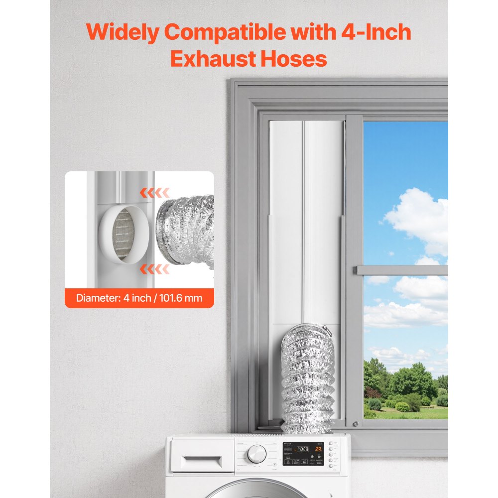 Zestaw okienny do suszarki VEVOR, pasuje do otworu wylotowego o średnicy 101,6 mm, regulowana długość do okien przesuwnych, materiały PVC i PP, podwójna ochrona i wielowarstwowa konstrukcja uszczelniająca