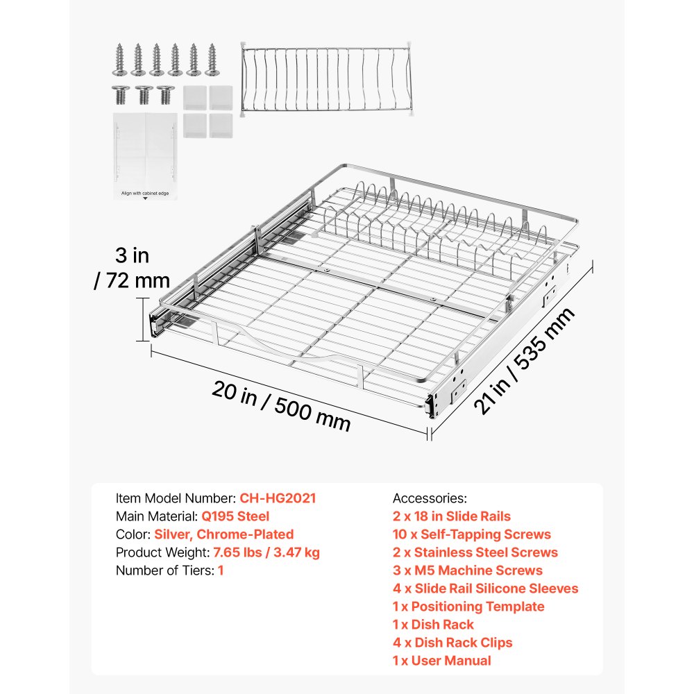 VEVOR Wysuwany organizer do szafki 500 x 535 mm (szer. x gł.) wykonany ze stali węglowej do przechowywania naczyń kuchennych, słoików z przyprawami, żywności i środków czyszczących, powierzchnia chromowana, wysuwana półka do szafek dolnych