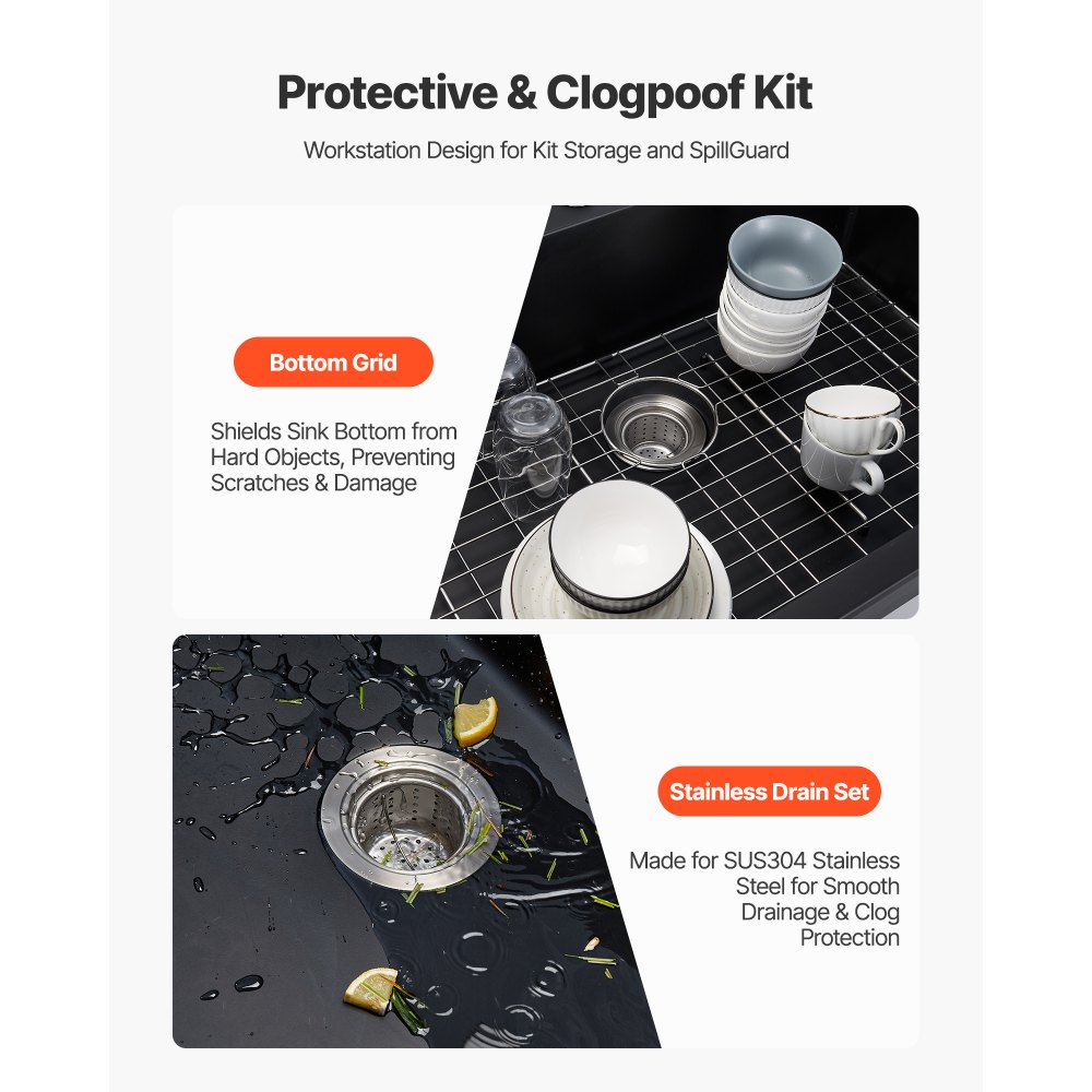 Zlew kuchenny granitowy VEVOR (838 x 559 x 222 mm) do montażu natynkowego, zlew do zabudowy w stylu rustykalnym z akcesoriami, zlew domowy do kamperów, kuchni przygotowawczych, barów, czarny