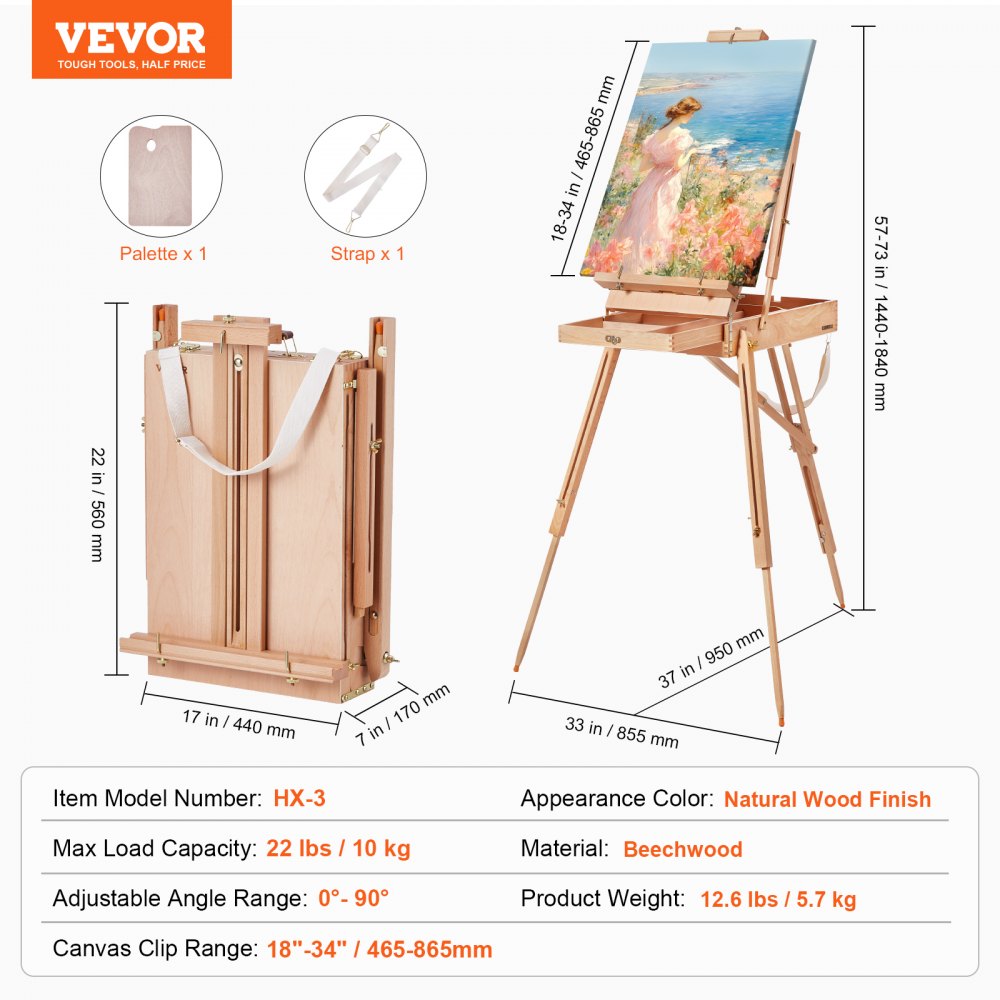 Sztaluga malarska VEVOR French Easel o szerokości do 86,36 cm, składana, bukowa, z szufladą, paletą i paskiem, z regulacją kąta i wysokości, przenośna sztaluga do malowania artystycznego