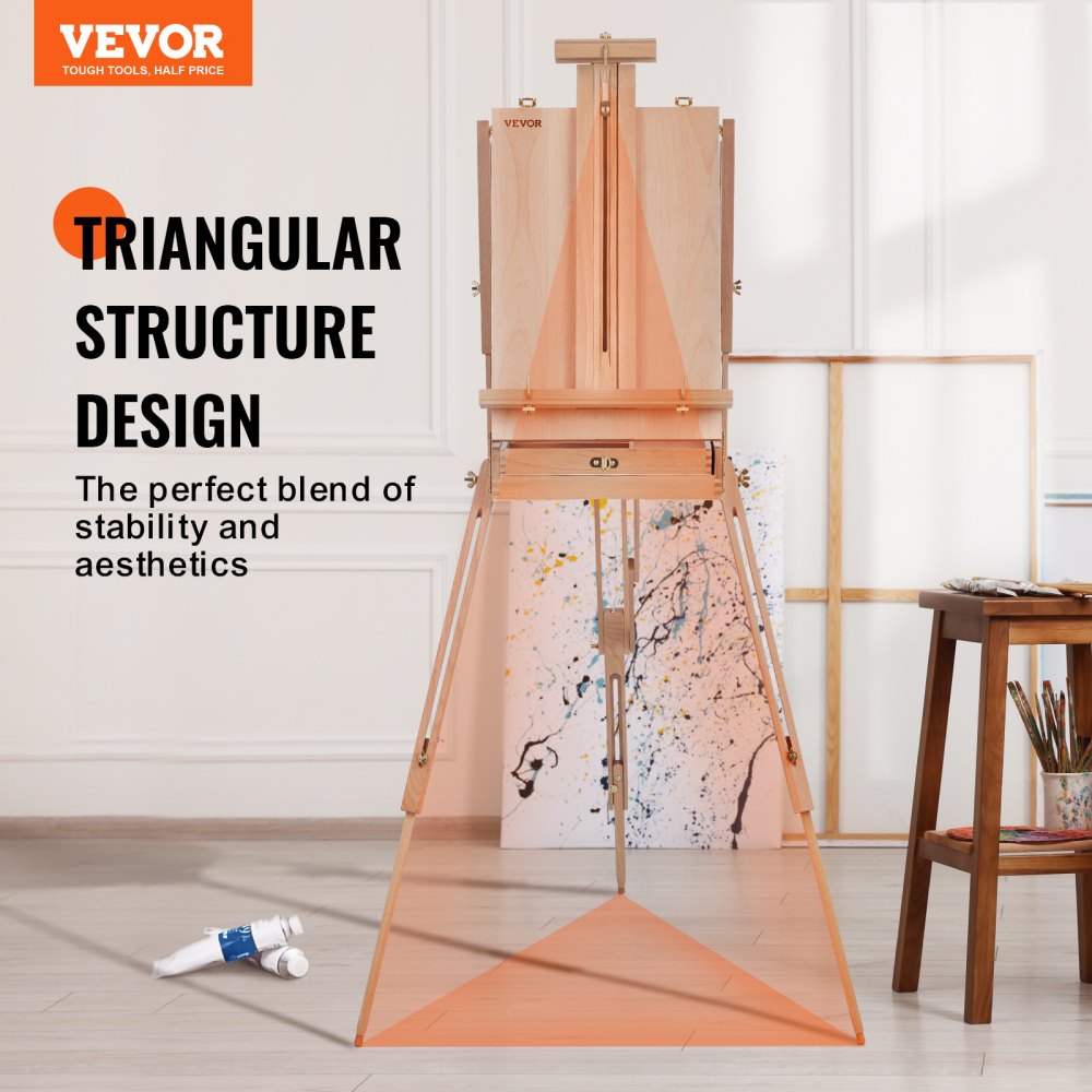 VEVOR French Easel Holds Canvas up to 86.36 cm, Foldable Beechwood Sketch Box Easel with Drawer, Palette & Straps, Angle & Height Adjustable, Portable Art Painting Easel