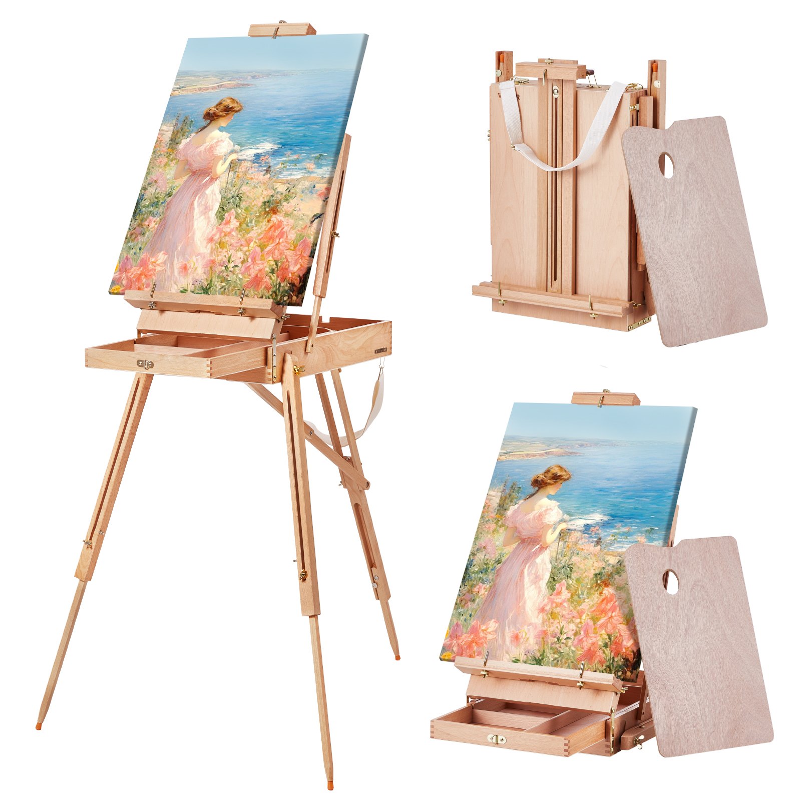 VEVOR French Easel Holds Canvas up to 86.36 cm, Foldable Beechwood Sketch Box Easel with Drawer, Palette & Straps, Angle & Height Adjustable, Portable Art Painting Easel