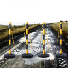 Stożki drogowe VEVOR, słupki barier drogowych, 4 sztuki, 285 x 285 mm, stożki ostrzegawcze, stożki drogowe, stożki ostrzegawcze z łańcuchem, stożki prowadzące, słupki barier drogowych, żółto-czarne, wtrysk wody i piasku
