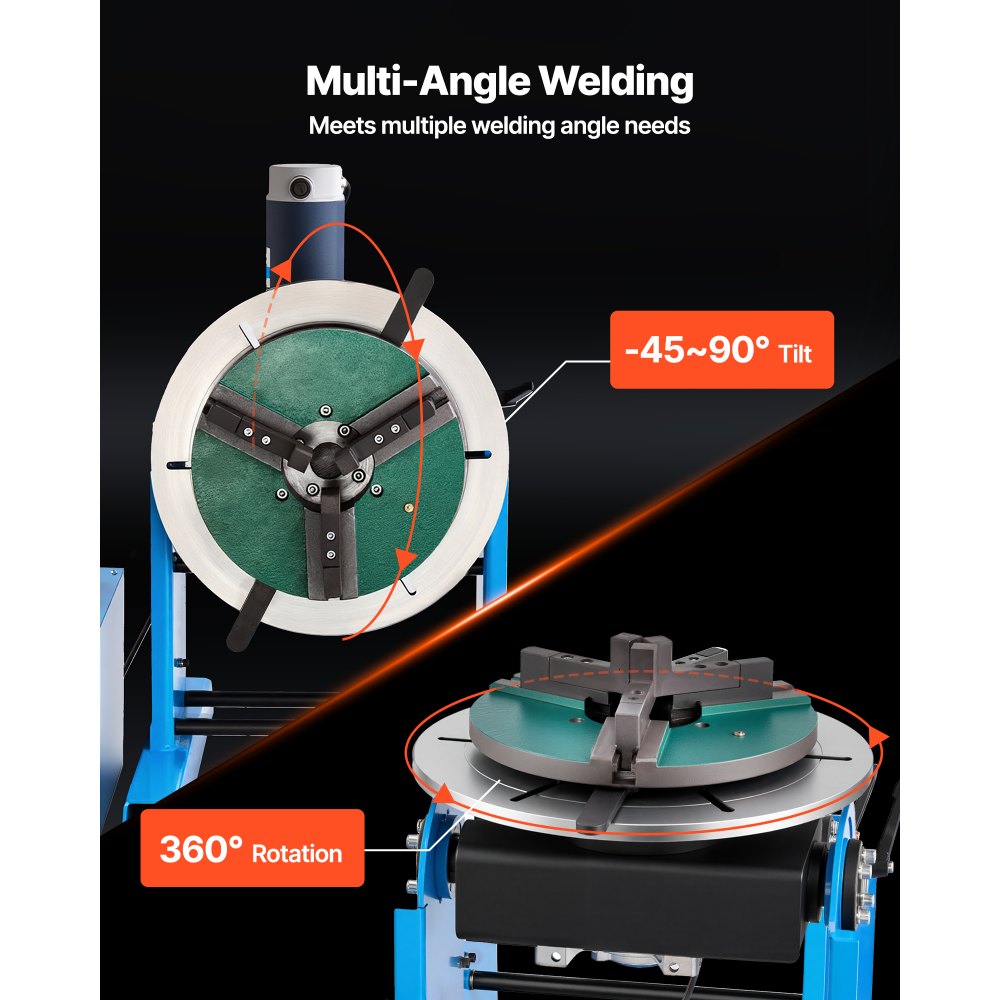 Obrotowy stół spawalniczy VEVOR 300 kg, pozycjoner spawalniczy 200 W, kąt nachylenia od -45° do 90°, regulacja prędkości 0,2–2,5 obr./min, elektryczny i pedał nożny, do cięcia, szlifowania i prac montażowych