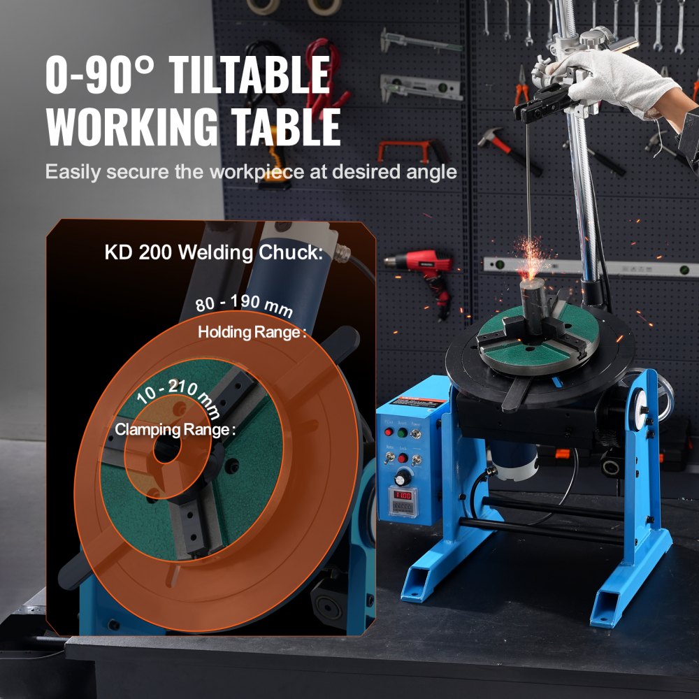 Obrotowy stół spawalniczy VEVOR 80 W, pozycjoner spawalniczy, manipulator 1-12 obr./min, 30 kg (poziomo) / 15 kg (pionowo), stół obrotowy, kąt nachylenia 0-90°, uchwyt trójszczękowy KD200 do cięcia, szlifowania i montażu