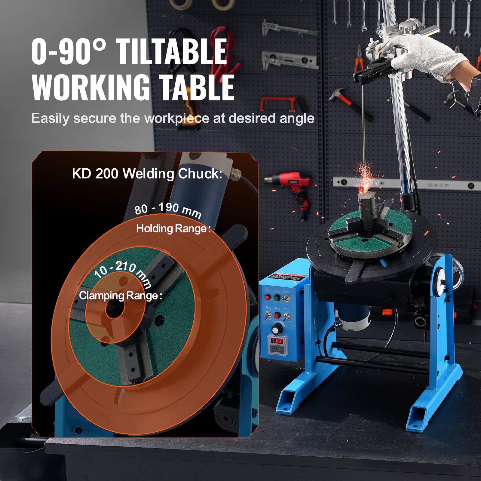 Obrotowy stół spawalniczy VEVOR 80 W, pozycjoner spawalniczy, manipulator 1-12 obr./min, 30 kg (poziomo) / 15 kg (pionowo), stół obrotowy, kąt nachylenia 0-90°, uchwyt trójszczękowy KD200 do cięcia, szlifowania i montażu