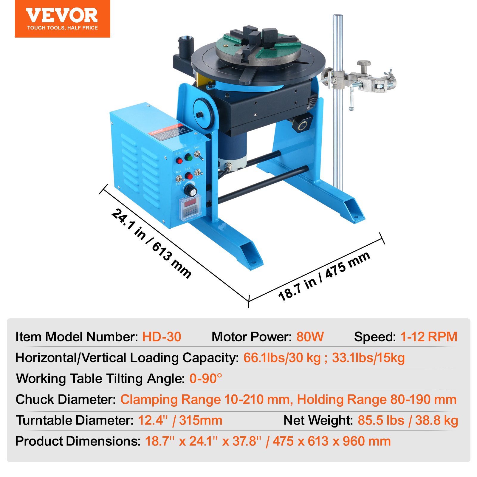 Obrotowy stół spawalniczy VEVOR 80 W, pozycjoner spawalniczy, manipulator 1-12 obr./min, 30 kg (poziomo) / 15 kg (pionowo), stół obrotowy, kąt nachylenia 0-90°, uchwyt trójszczękowy KD200 do cięcia, szlifowania i montażu