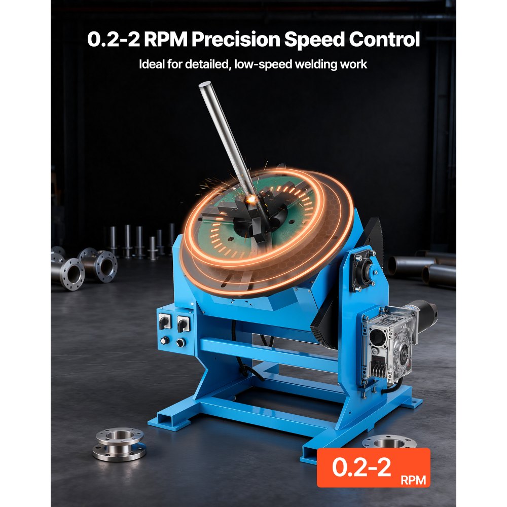 Obrotowy stół spawalniczy VEVOR 400 W, pozycjoner spawalniczy 500 kg, kąt nachylenia od -45° do 90°, regulacja prędkości 0,2–2 obr./min, sterowanie elektryczne i nożne, do cięcia, szlifowania i prac montażowych