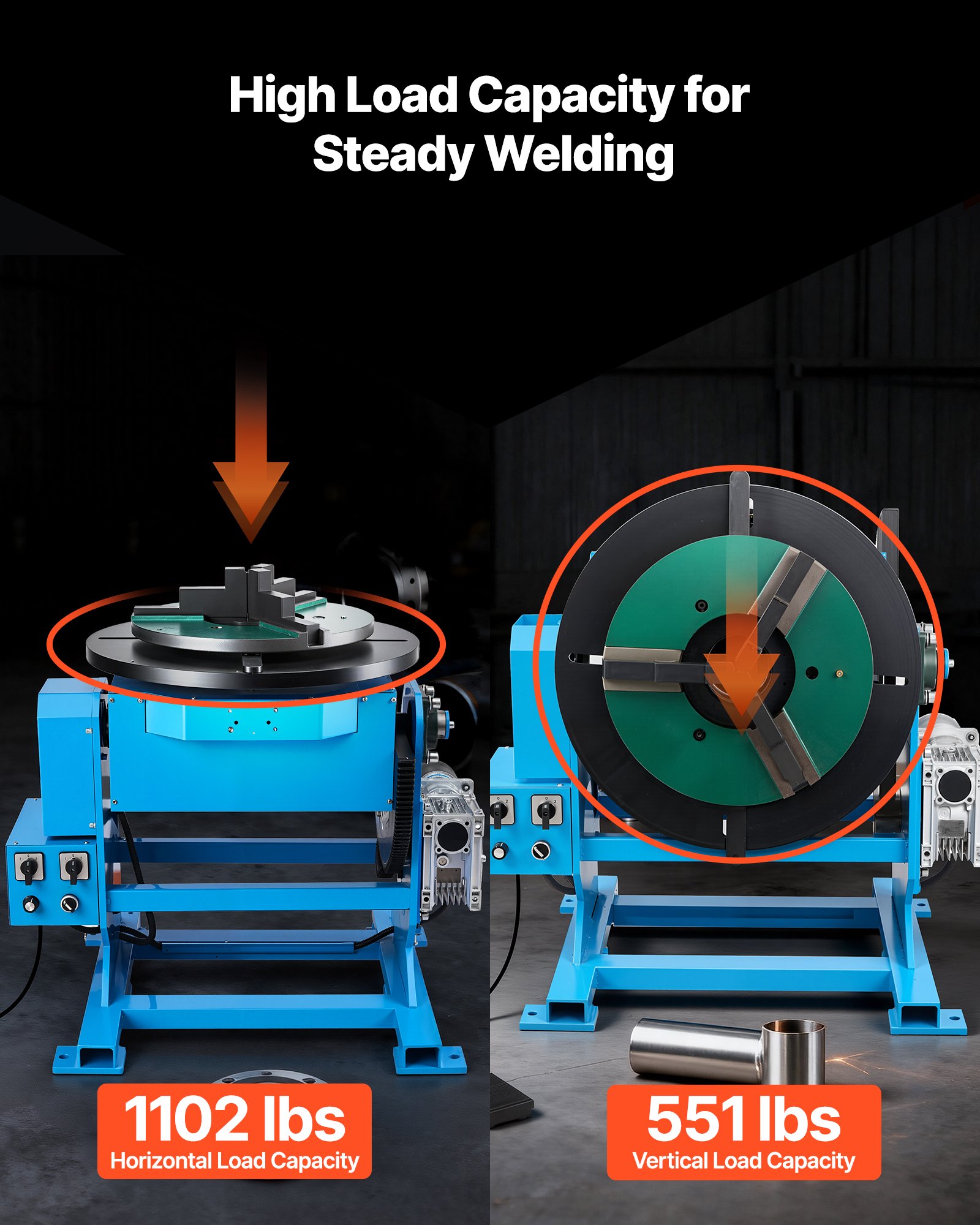 Obrotowy stół spawalniczy VEVOR 400 W, pozycjoner spawalniczy 500 kg, kąt nachylenia od -45° do 90°, regulacja prędkości 0,2–2 obr./min, sterowanie elektryczne i nożne, do cięcia, szlifowania i prac montażowych