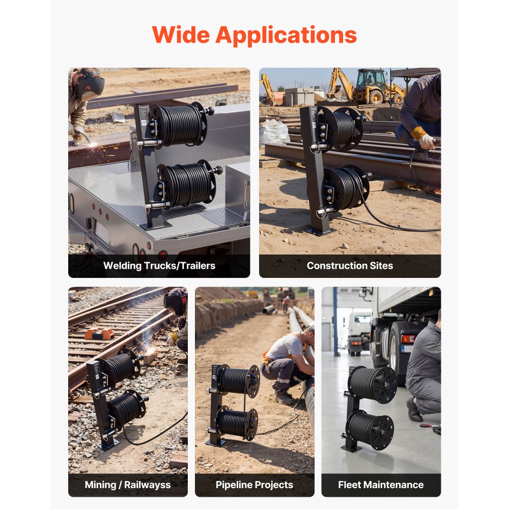 Bęben na podwójny przewód spawalniczy VEVOR, bęben na wąż z 2 pustymi bębnami na przewód spawalniczy 38,1 m 70 mm² / 45,7 m 50 mm², ręczny podwójny bęben na przewód spawalniczy wykonany ze stali z blokadą do warsztatu przemysłowego