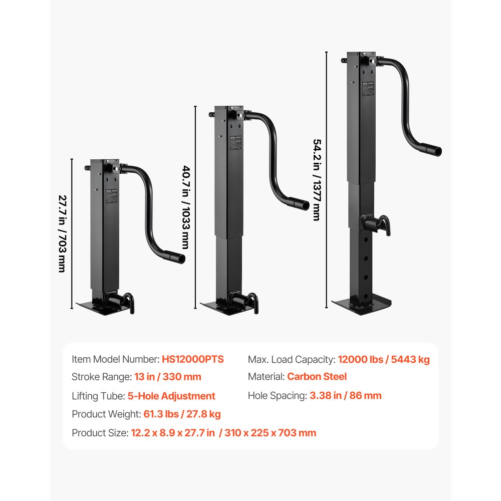 VEVOR Heavy-Duty Trailer Jack, 5443 kg Load Capacity, Sidewind Square Direct Weld-on Trailer Jack with Handle Crank, Adjustable Drop Leg, 674 mm Travel for Lifting RV, Utility, Yacht Trailers