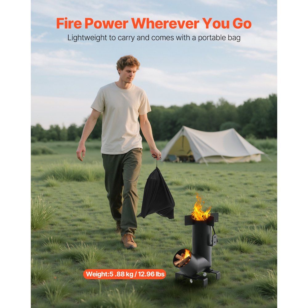 VEVOR Camping Rocket Stove, Wood Burning Portable Rocket Stove with Carrying Bag for Backpacking, Carbon Steel, Burn Wood, Twigs or Sticks for Outdoor Cooking, Backyard, Camp Cooking, Heating, Black