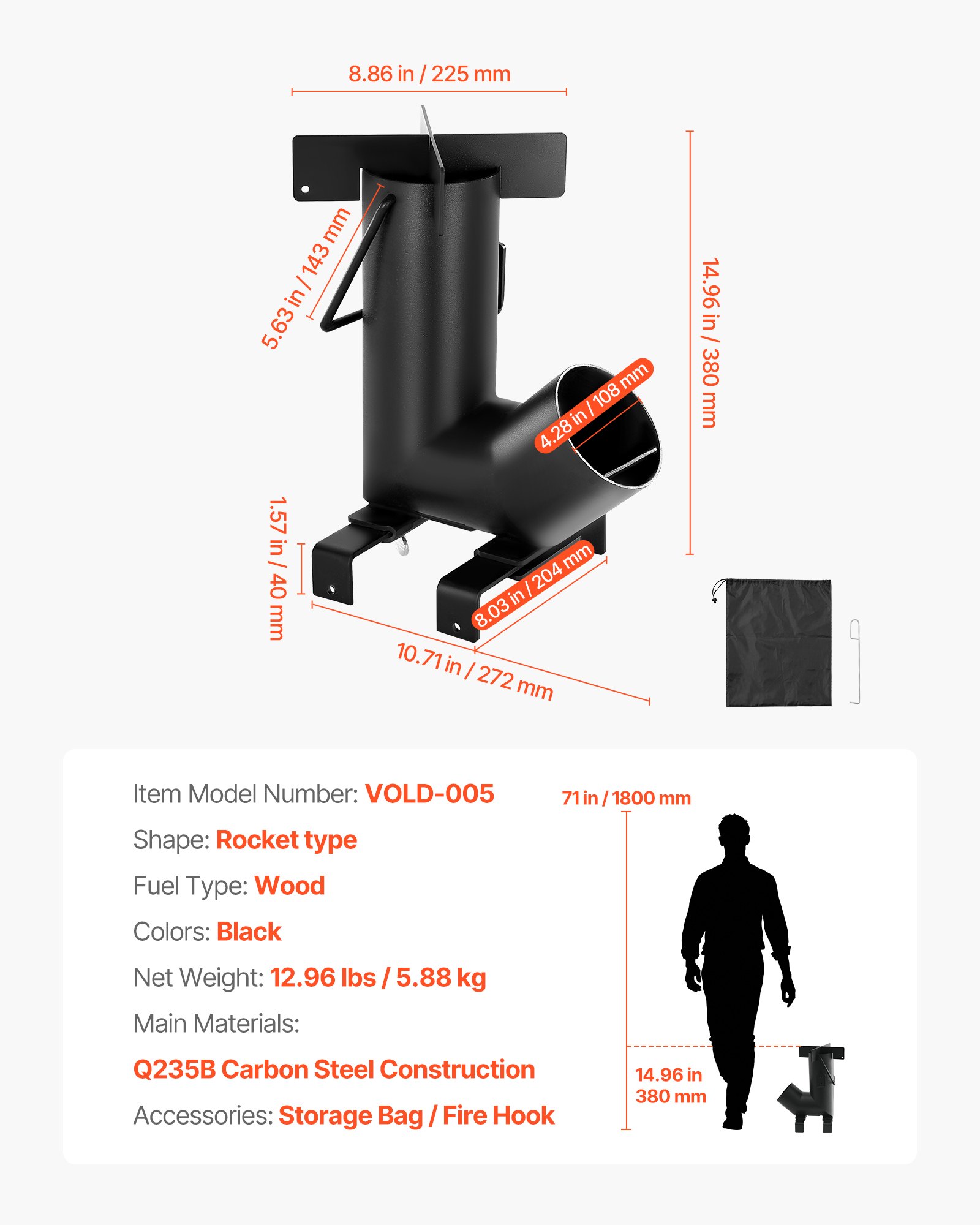VEVOR Camping Rocket Stove, Wood Burning Portable Rocket Stove with Carrying Bag for Backpacking, Carbon Steel, Burn Wood, Twigs or Sticks for Outdoor Cooking, Backyard, Camp Cooking, Heating, Black