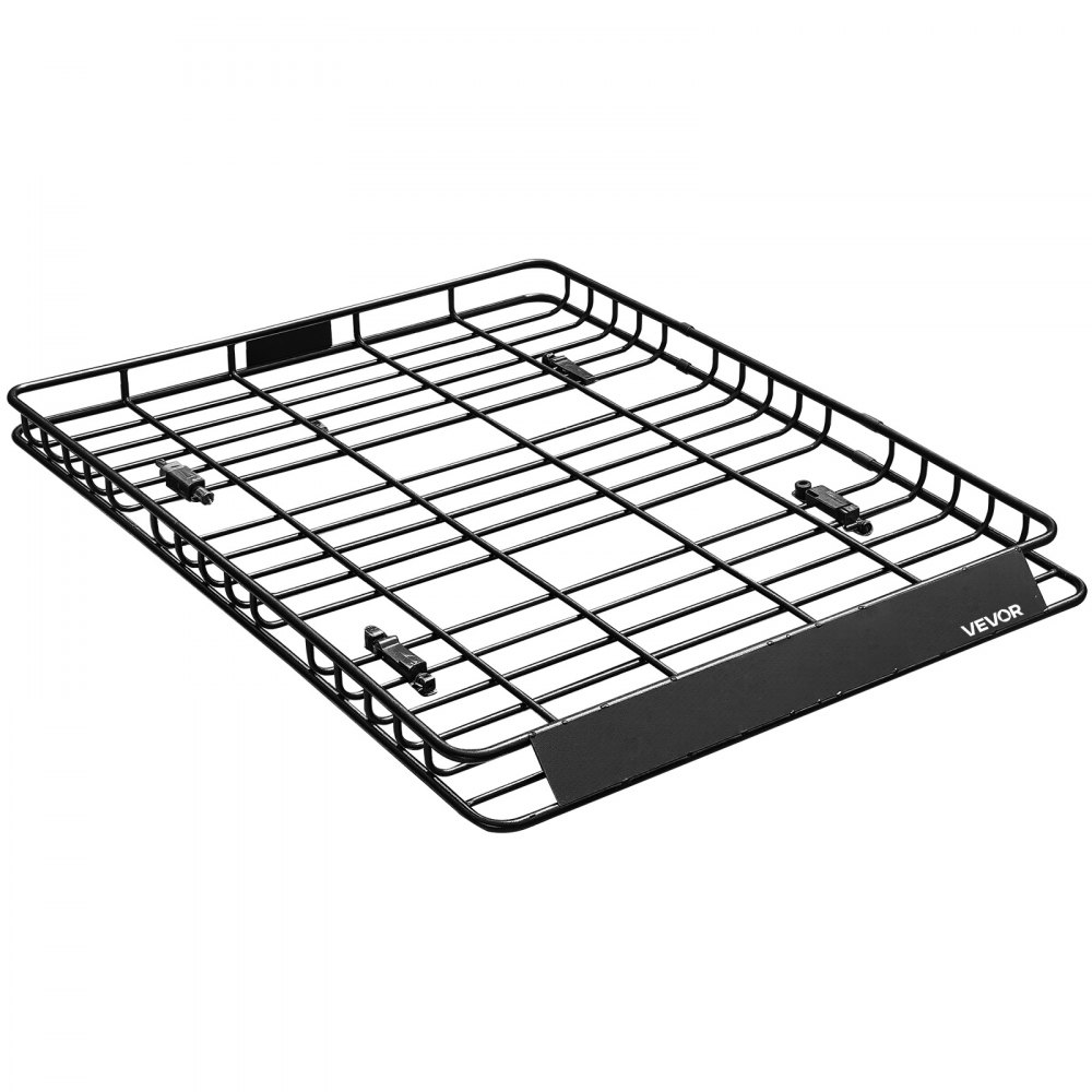 Kosz dachowy VEVOR 1630 x 1270 x 105 mm z dwiema siatkami ładunkowymi o wymiarach 90 x 100 cm, odpowiedni do bagażu, sprzętu sportowego i kempingowego, z 4 śrubami w kształcie litery U i ściętym panelem przednim, stal stopowa, kolor czarny