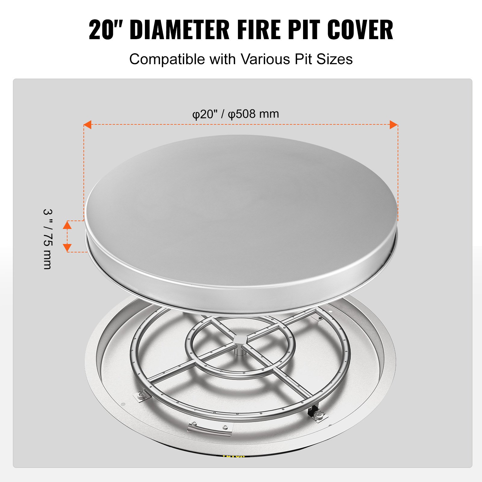 VEVOR φ 508 mm stainless steel fire pit lid SUS304 fire bowl lid 0.8 mm thick rust resistance heat tolerance fire bowl cover effectively prevents sparks and ash from splashing