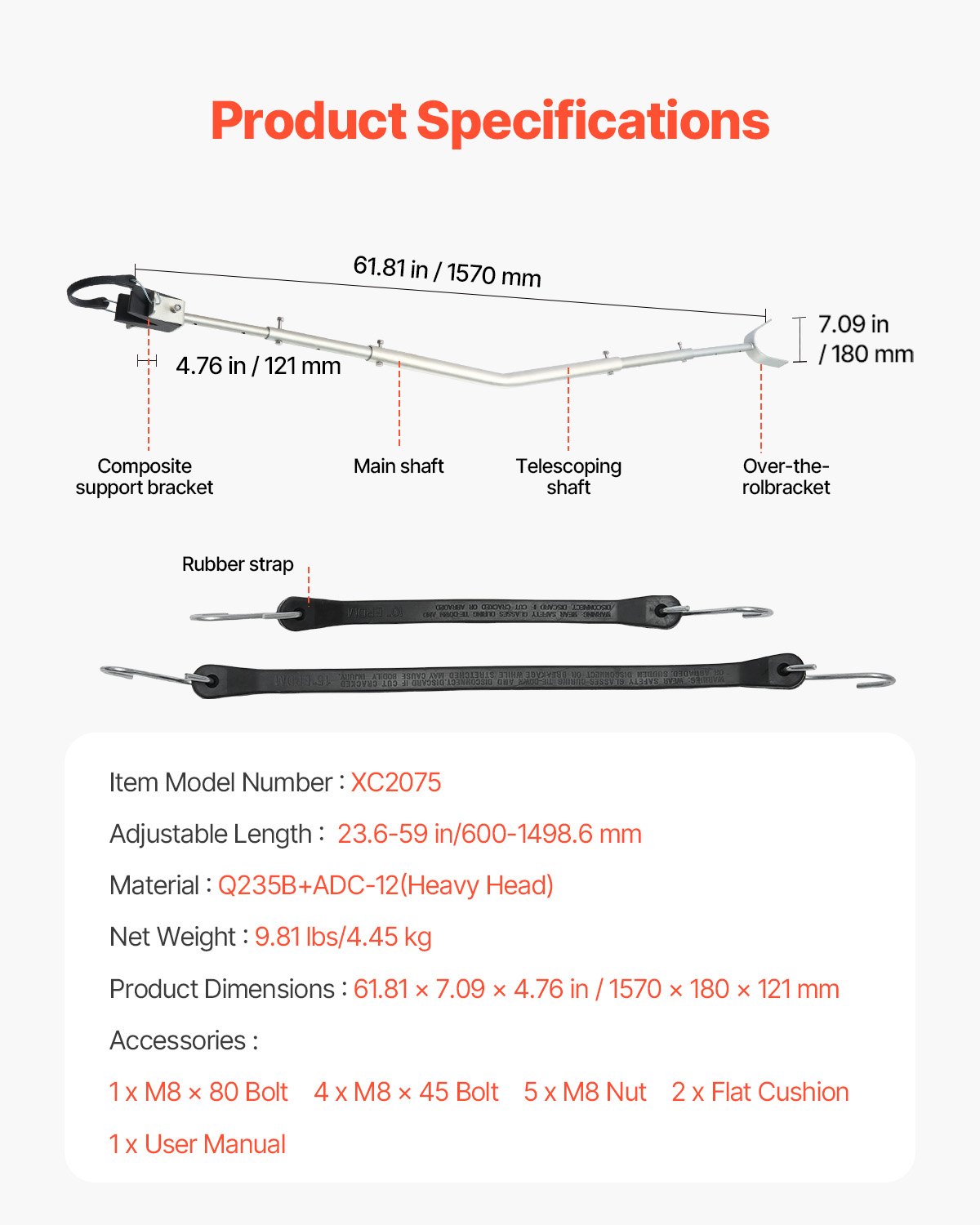 Regulowany osłona pawęży VEVOR (600-1498,6 mm) z głowicą kompozytową, odporny na korozję osłona pawęży do silników zaburtowych o mocy poniżej 150 KM, do łodzi przyczepowych