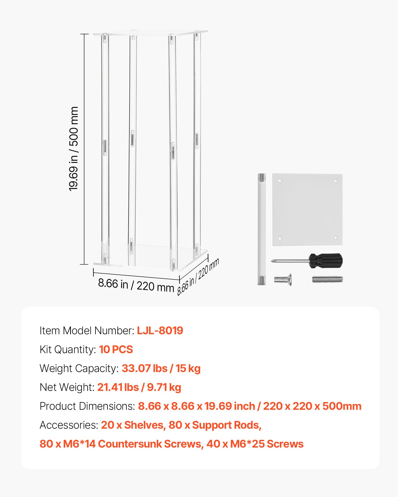 Stojak na kwiaty ślubne VEVOR 220x220x500 mm, 10 szt. Stołki na kwiaty z akrylową półką, cylindryczne, sześcienne stojaki na rośliny na wesela, imprezy, urodziny, do domu, jako dekoracja stołu.