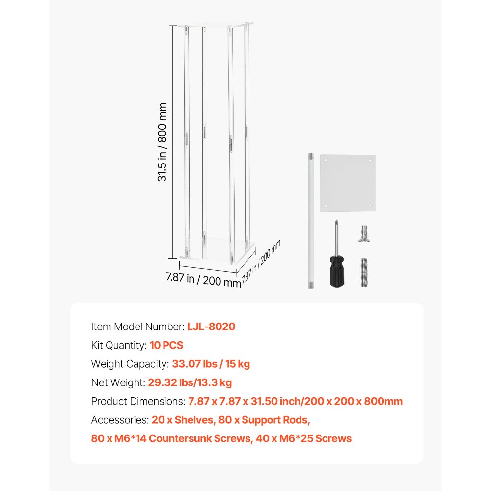 Stojak na kwiaty ślubne VEVOR 200x200x800 mm, 10 szt. Stołki na kwiaty z sześcienną akrylową półką i cylindryczną nogą, stojaki na rośliny na wesela, imprezy, urodziny, do domu, jako dekoracja stołu.
