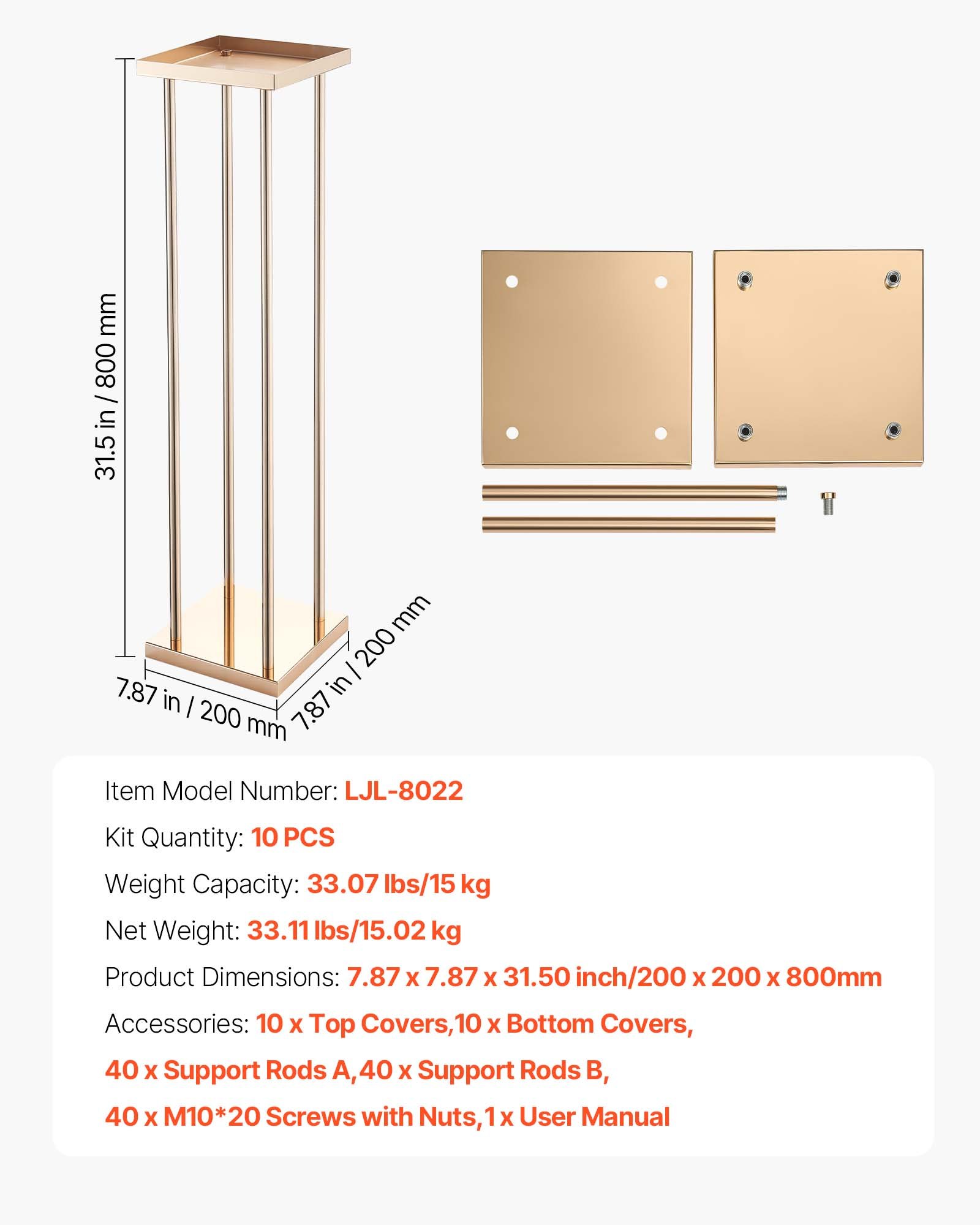 Stojak na kwiaty ślubne VEVOR 200x200x800 mm, 10 szt. Stołki na kwiaty z metalową półką i cylindrycznymi nogami, stojaki na kwiaty na wesela, imprezy, urodziny, do domu, jako dekoracja stołu.