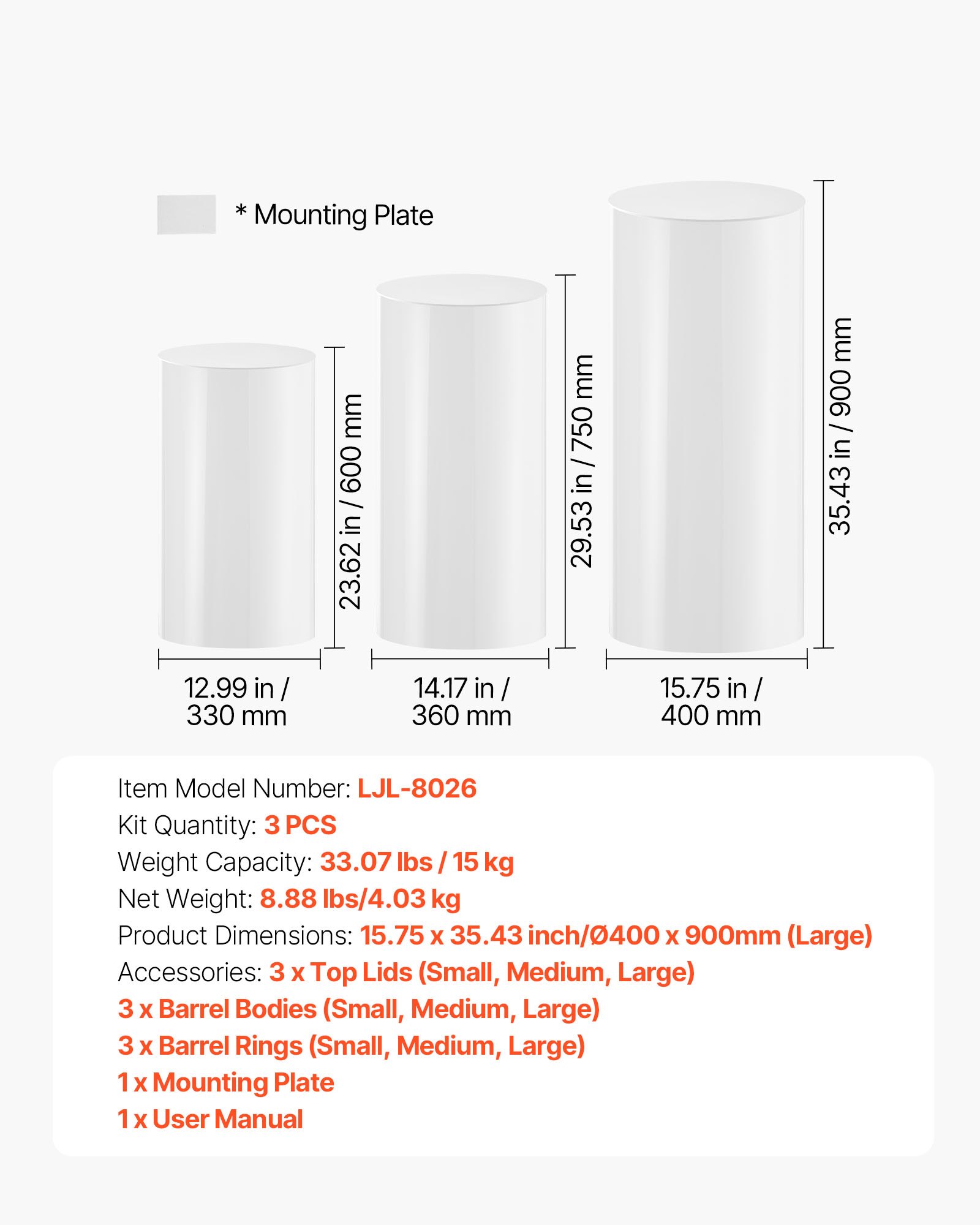 Stojak na kwiaty ślubne VEVOR, zestaw 3-częściowy, podstawa cylindryczna (wysokość 600/750/900 mm), biała podstawa z pokrywką z tworzywa PVC, stojaki cylindryczne na wesela, imprezy, urodziny i dekoracje, udźwig 15 kg